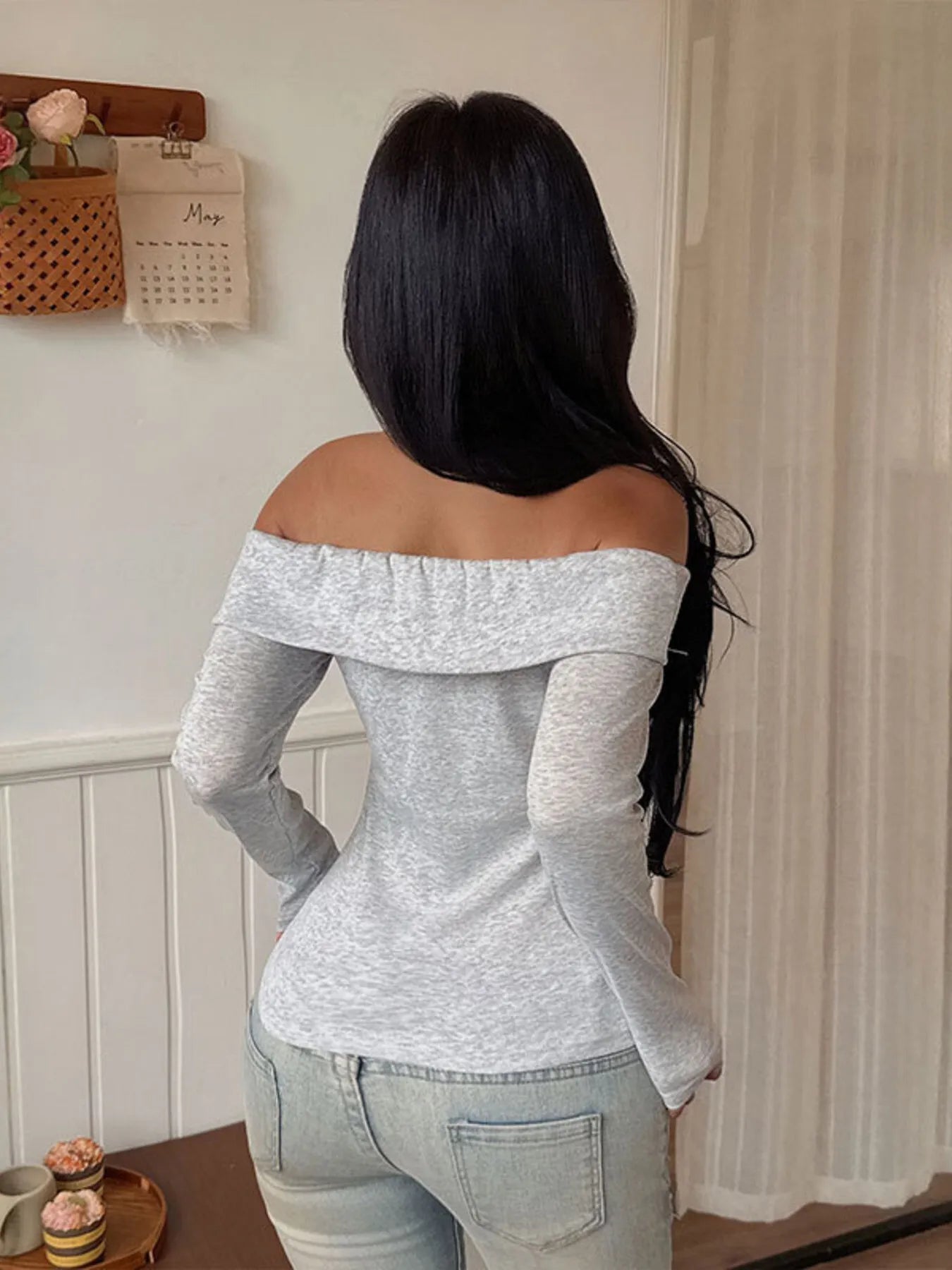 Off-Shoulder Long Sleeve Fitted T-Shirt - Tigbul's Variety Fashion Shop