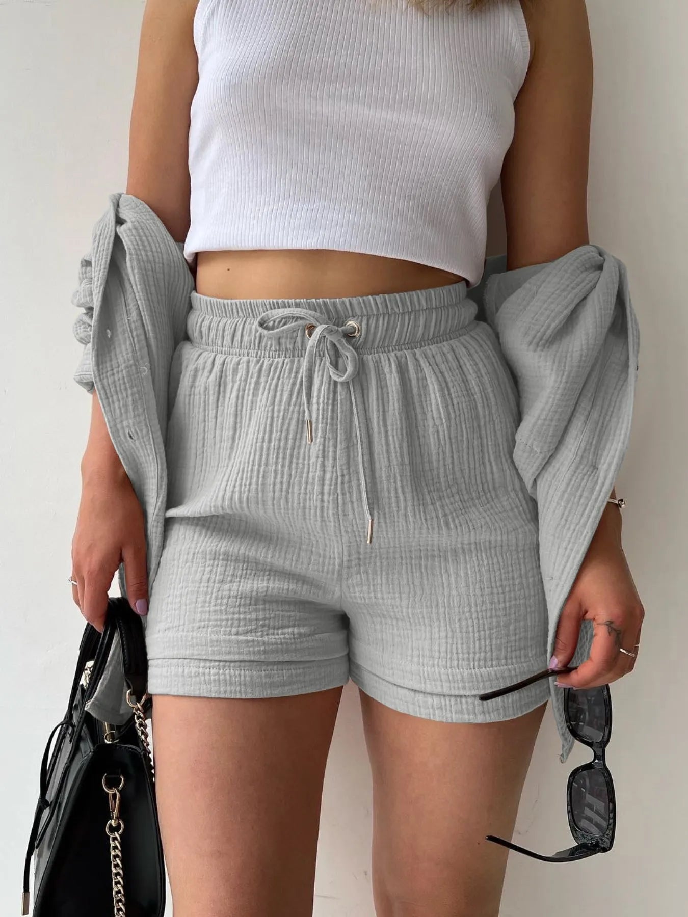 Textured Button Up Shirt and Shorts Set - Tigbul's Variety Fashion Shop
