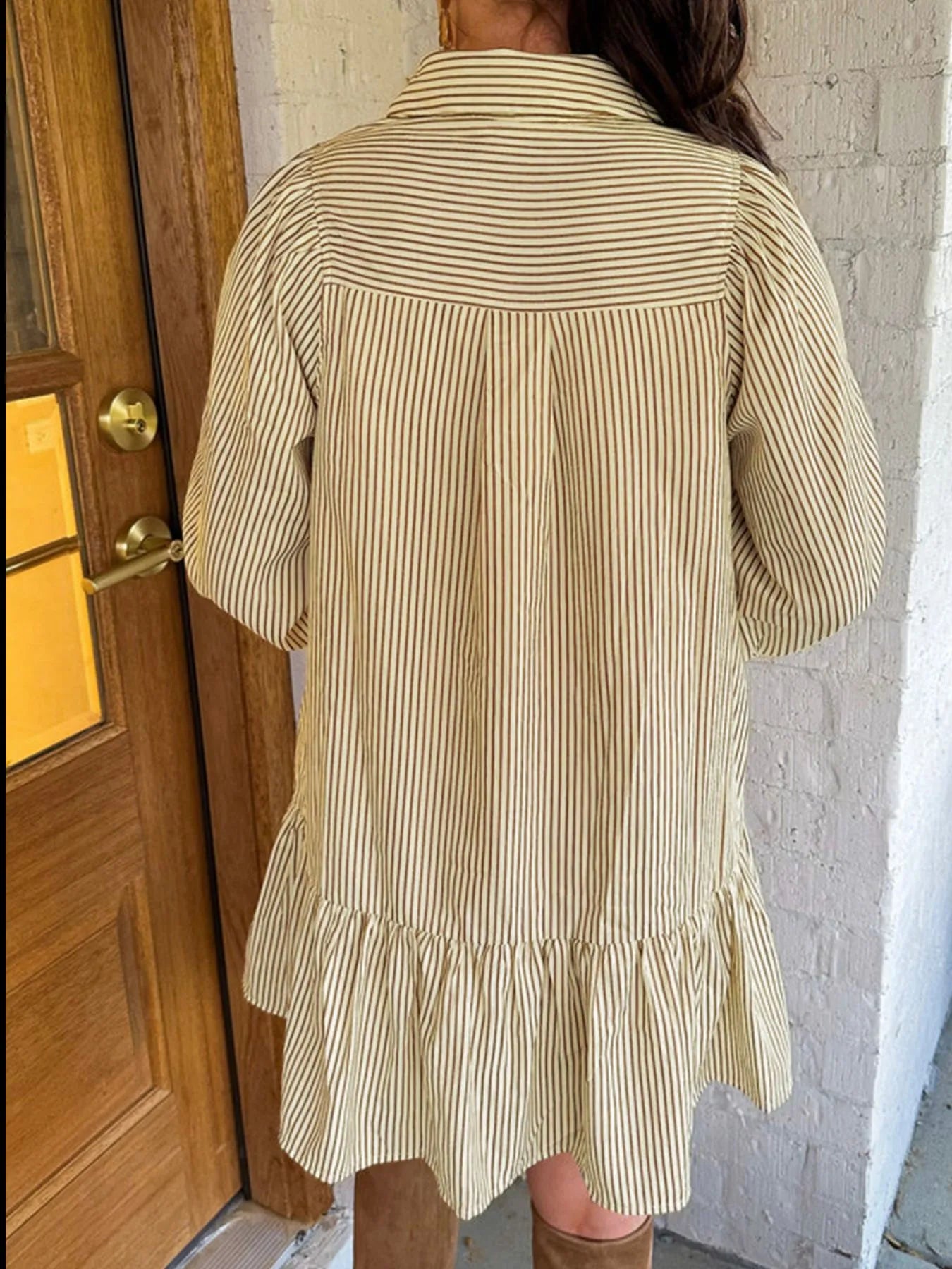 Stripe Collared Neck Cuffed Long Sleeve Drop Waist Mini Dress - Tigbul's Variety Fashion Shop