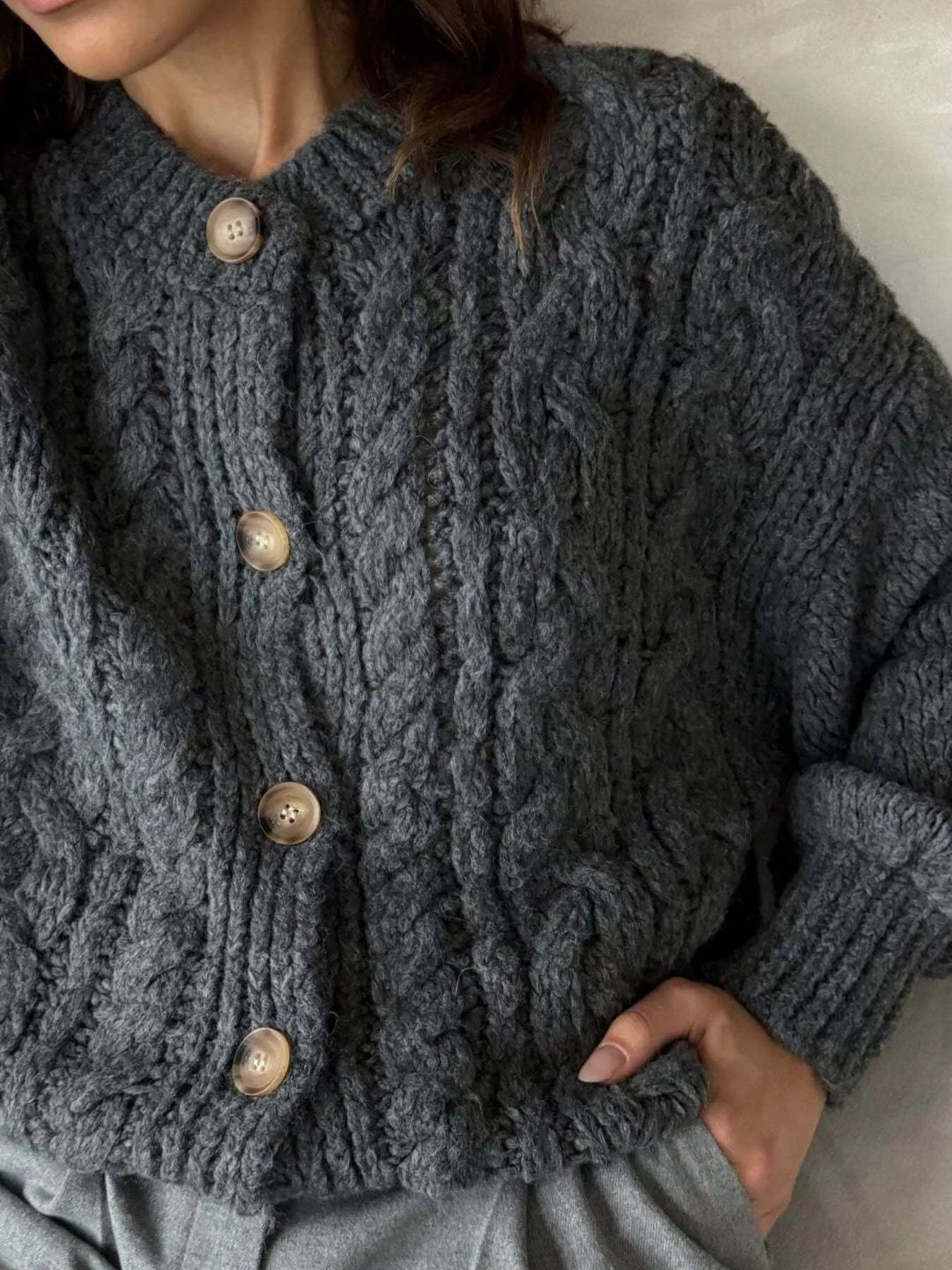 Cable Knit Button-Down Cardigan - Tigbul's Variety Fashion Shop