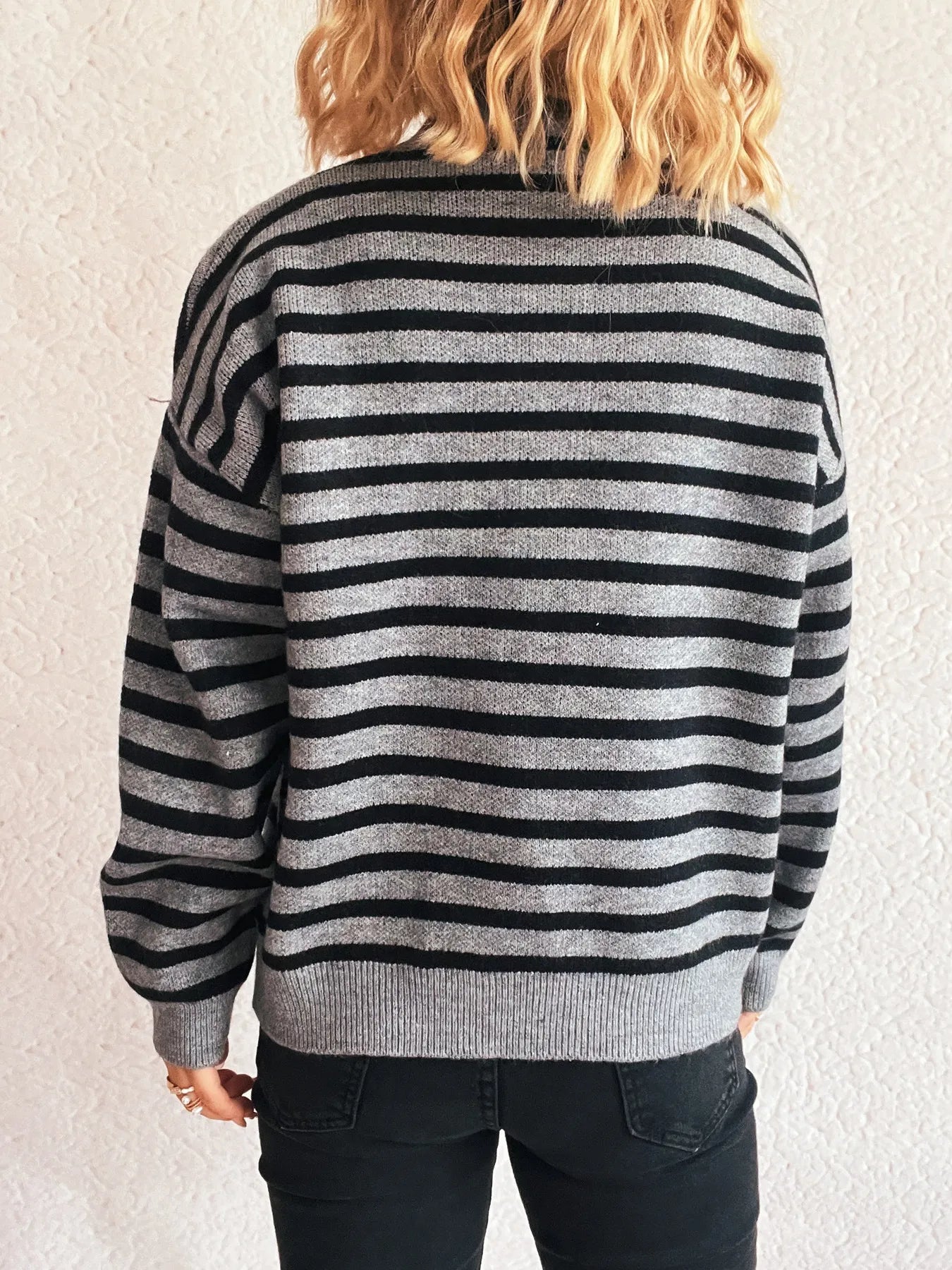 Striped Mock Neck Long Sleeve Sweater - Tigbul's Variety Fashion Shop