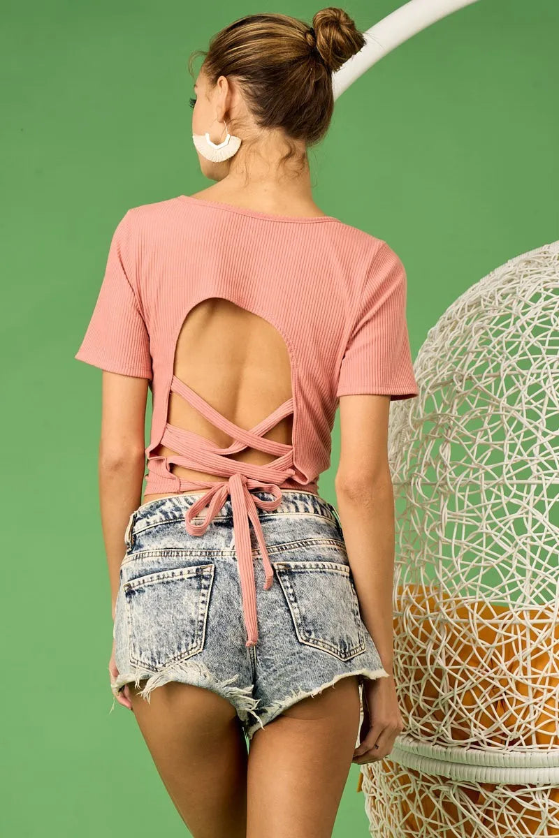 Rib Knit with Back Cross and Tied Detailed Top - Tigbul's Variety Fashion Shop