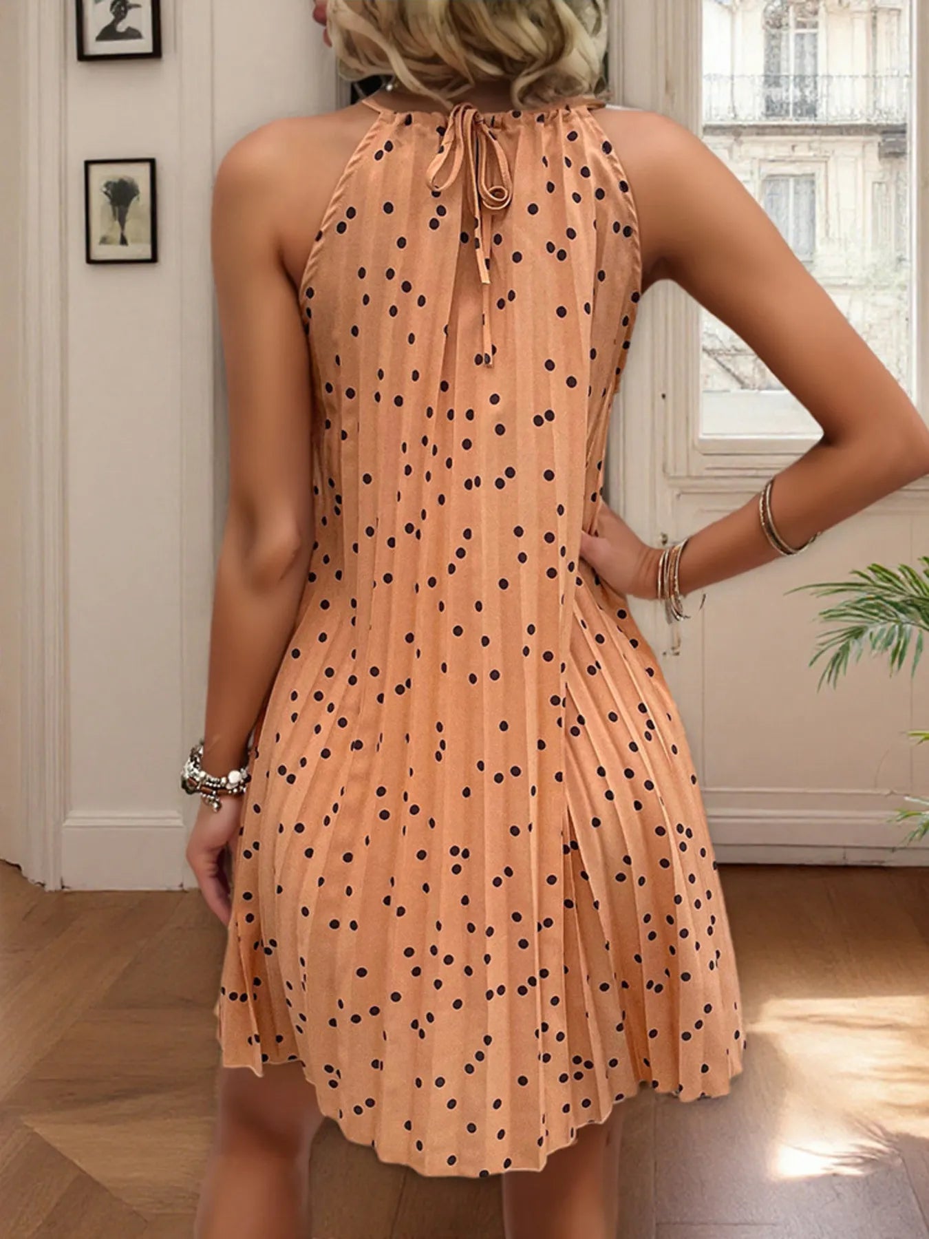 Polka Dot Halter Neck Pleated Mini Dress - Tigbul's Variety Fashion Shop