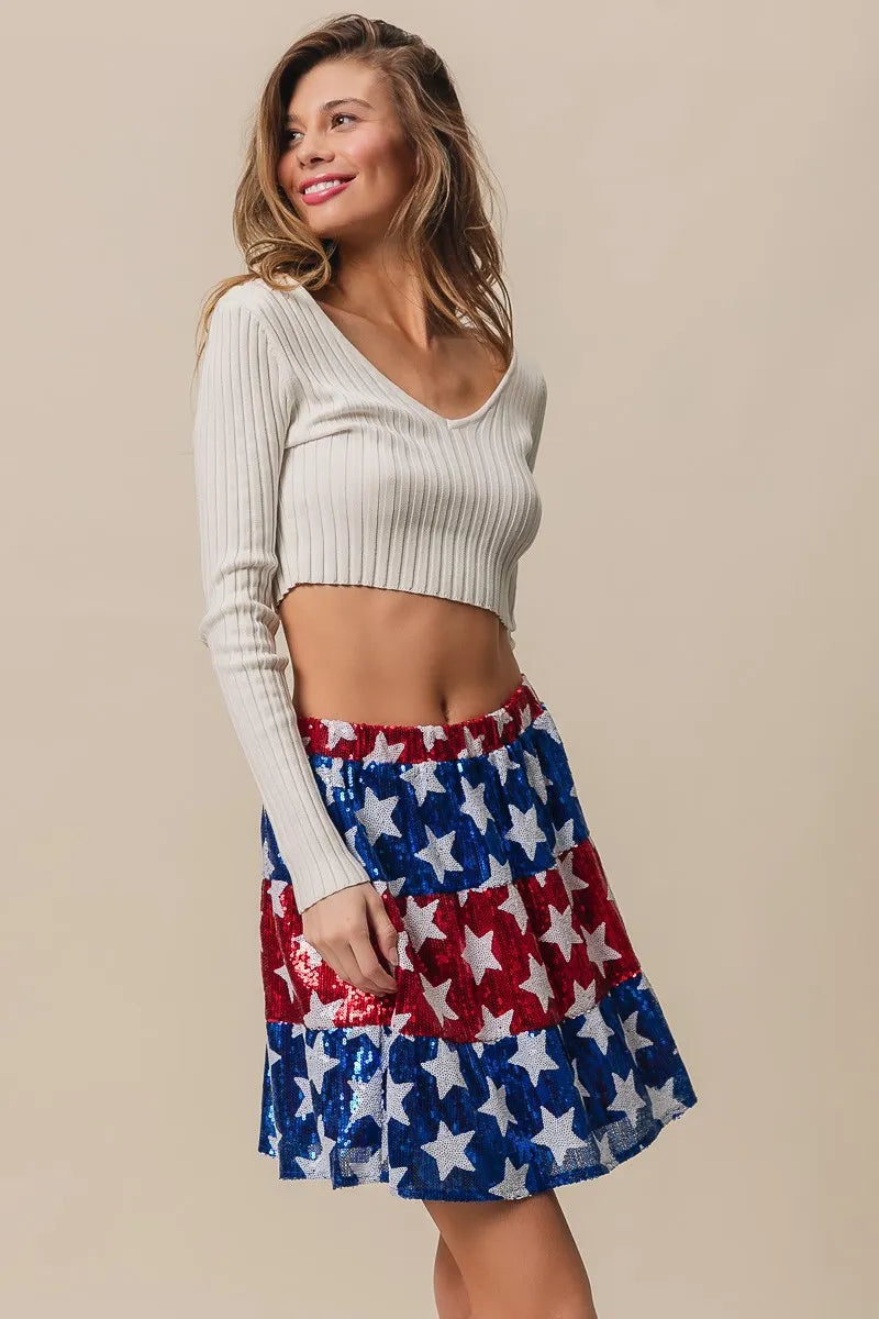 American Flag Theme Star Sequin Tiered Skirt - Tigbul's Variety Fashion Shop