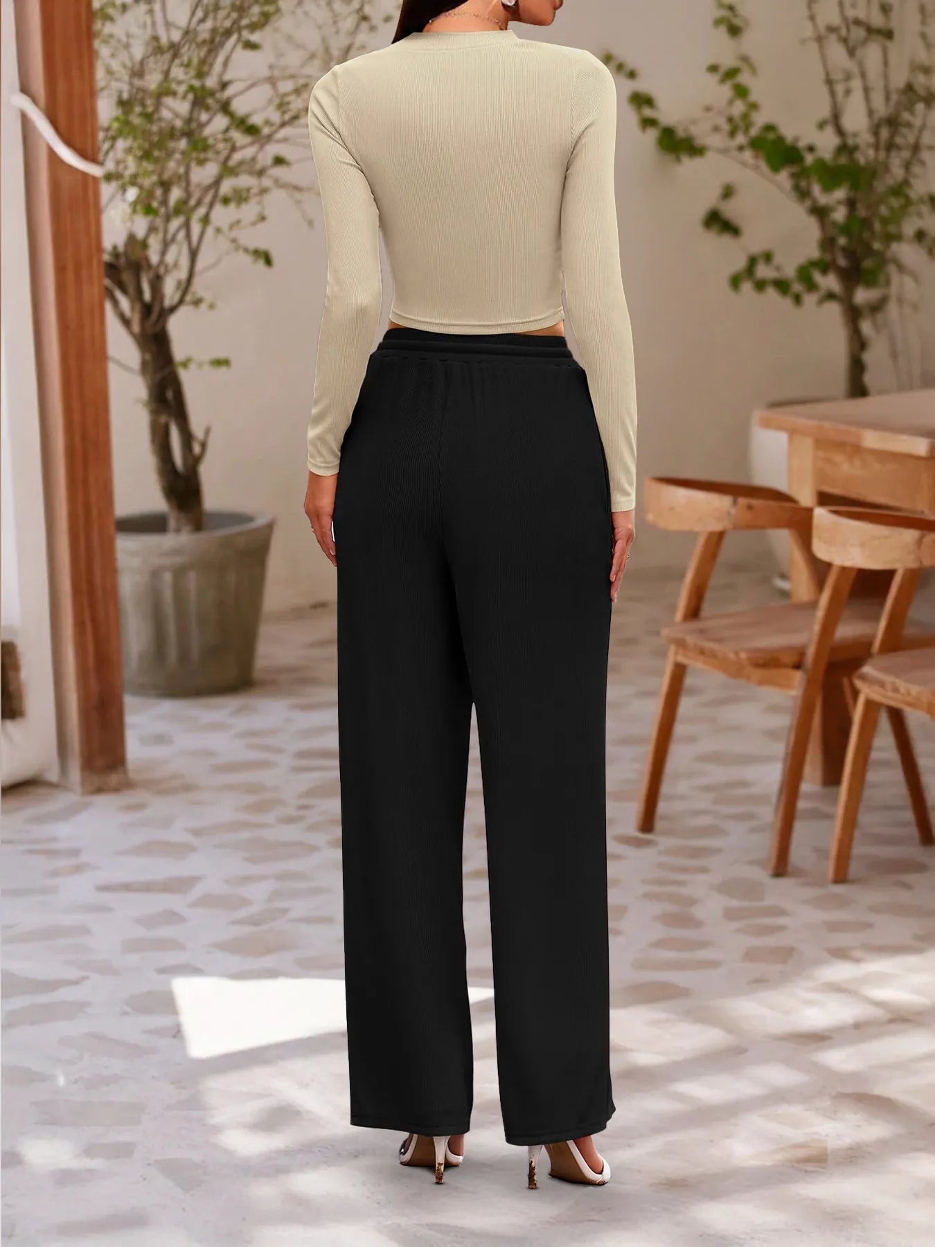 Round Neck Long Sleeve Top and Pants Set - Tigbul's Variety Fashion Shop