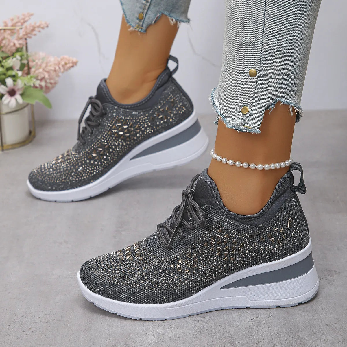 Breathable Mesh Rhinestone Wedge Athletic Sneakers - Tigbul's Variety Fashion Shop