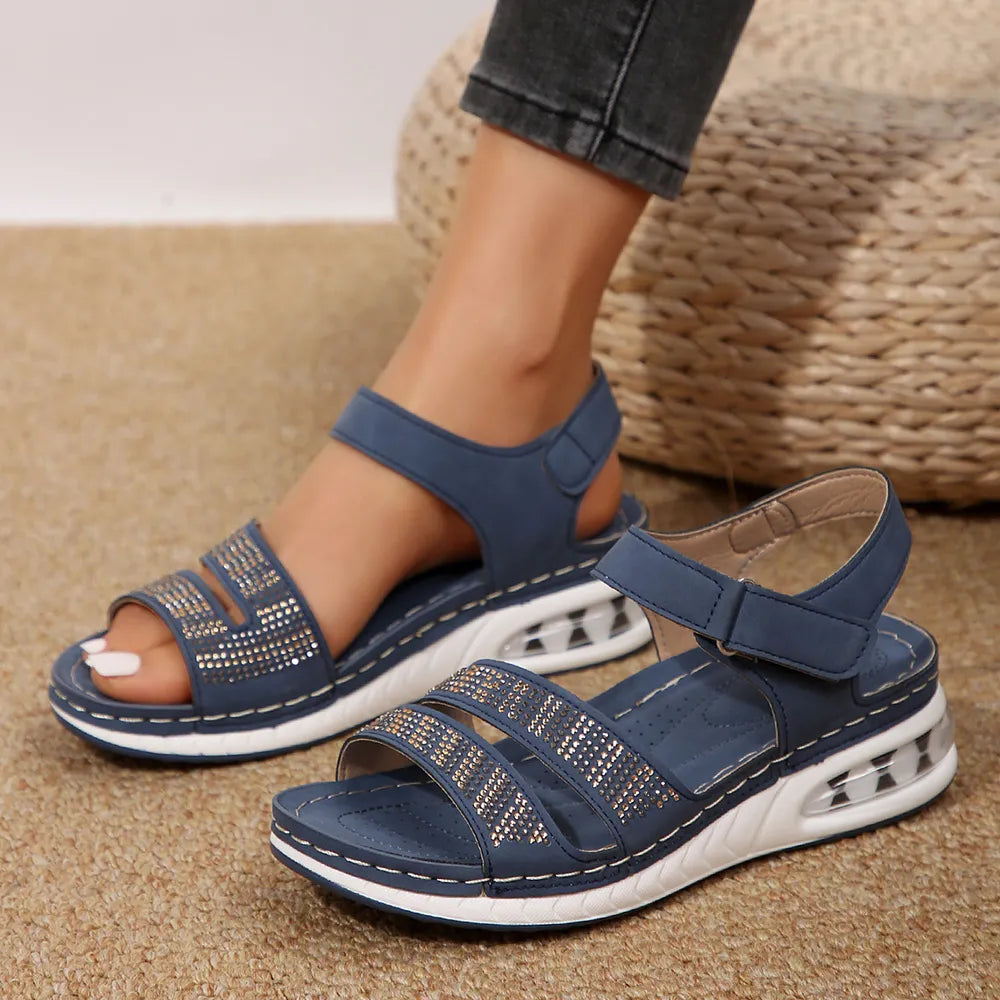 Open Toe Inlaid Rhinestone Wedge Sandals - Tigbul's Variety Fashion Shop