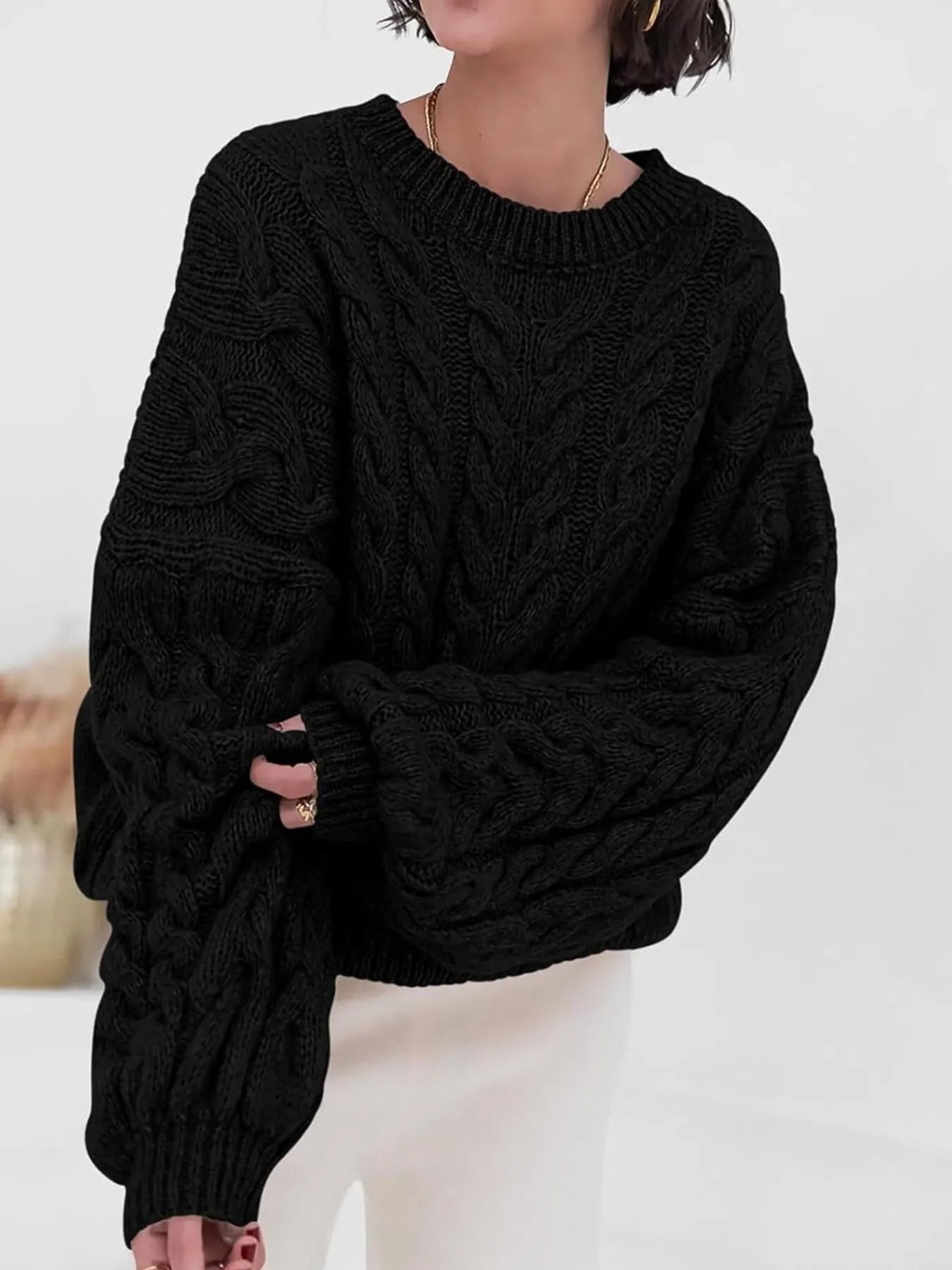 Cable Knit Long Sleeve Sweater - Tigbul's Variety Fashion Shop