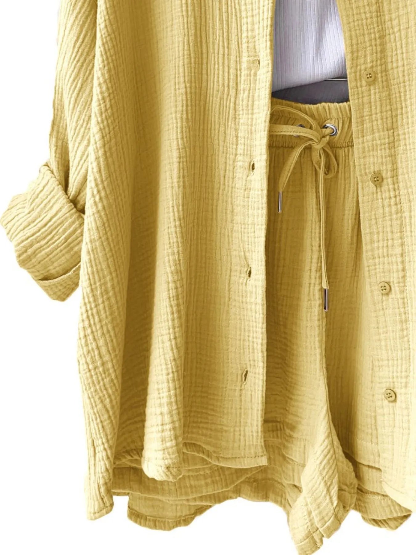 Textured Button Up Shirt and Shorts Set - Tigbul's Variety Fashion Shop