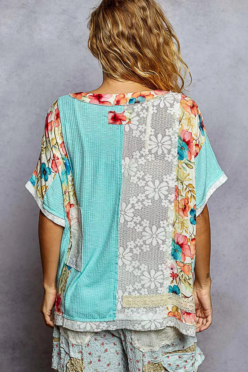 POL Lace Round Neck Short Sleeve Floral Pattern Top with Patch Detail - Tigbul's Variety Fashion Shop