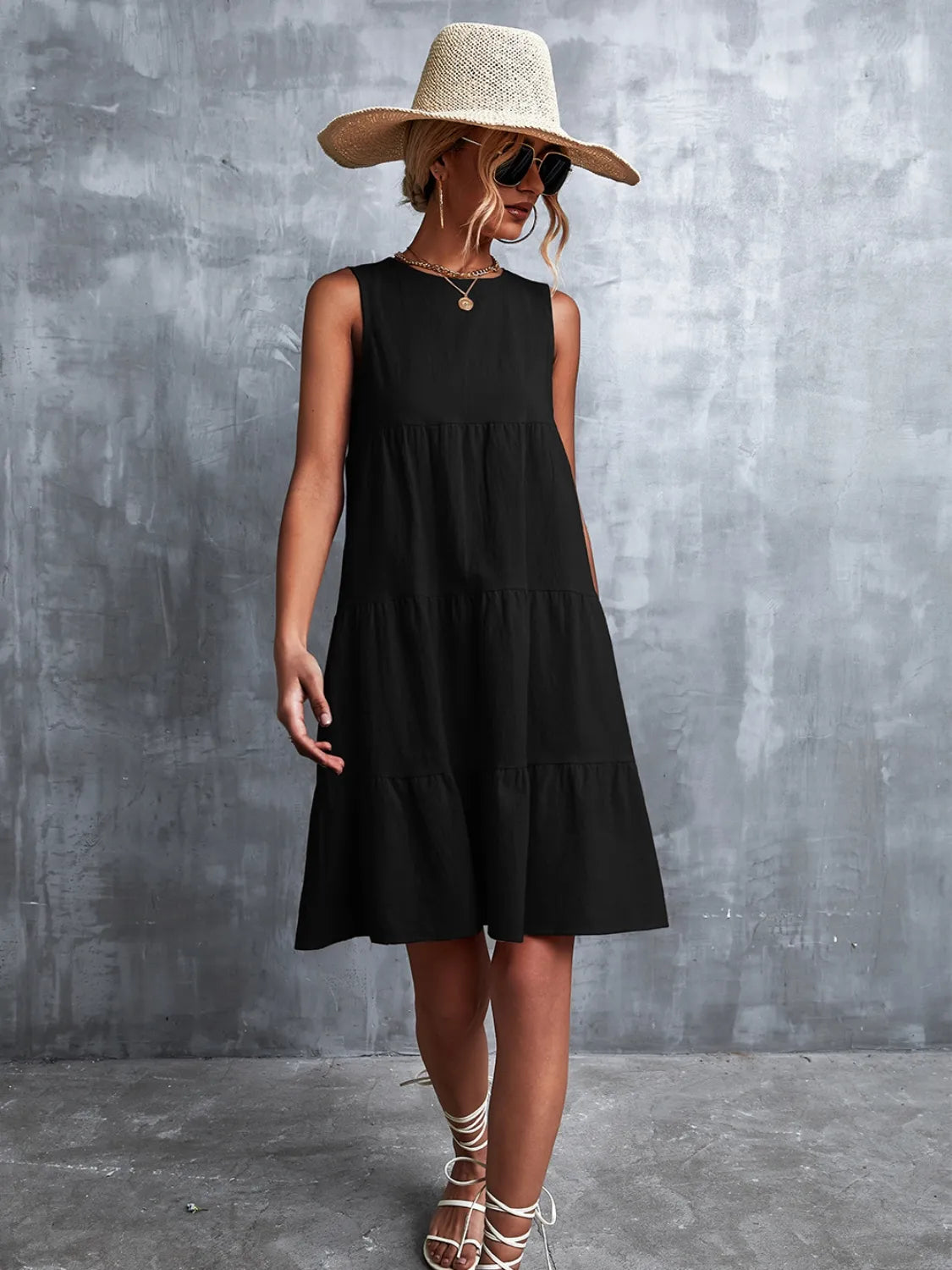 Tiered Round Neck Sleeveless Mini Tank Dress - Tigbul's Variety Fashion Shop