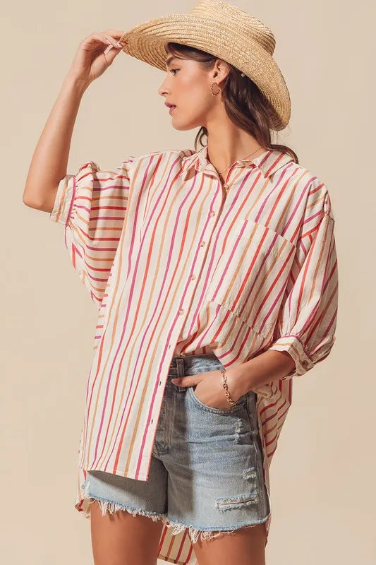 Pink Multicolored Stripe Button Down Shirt - Tigbul's Variety Fashion Shop