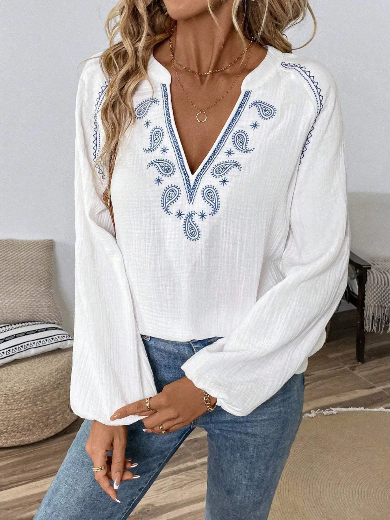 Paisley Pattern Notched Long Sleeve Blouse - Tigbul's Variety Fashion Shop