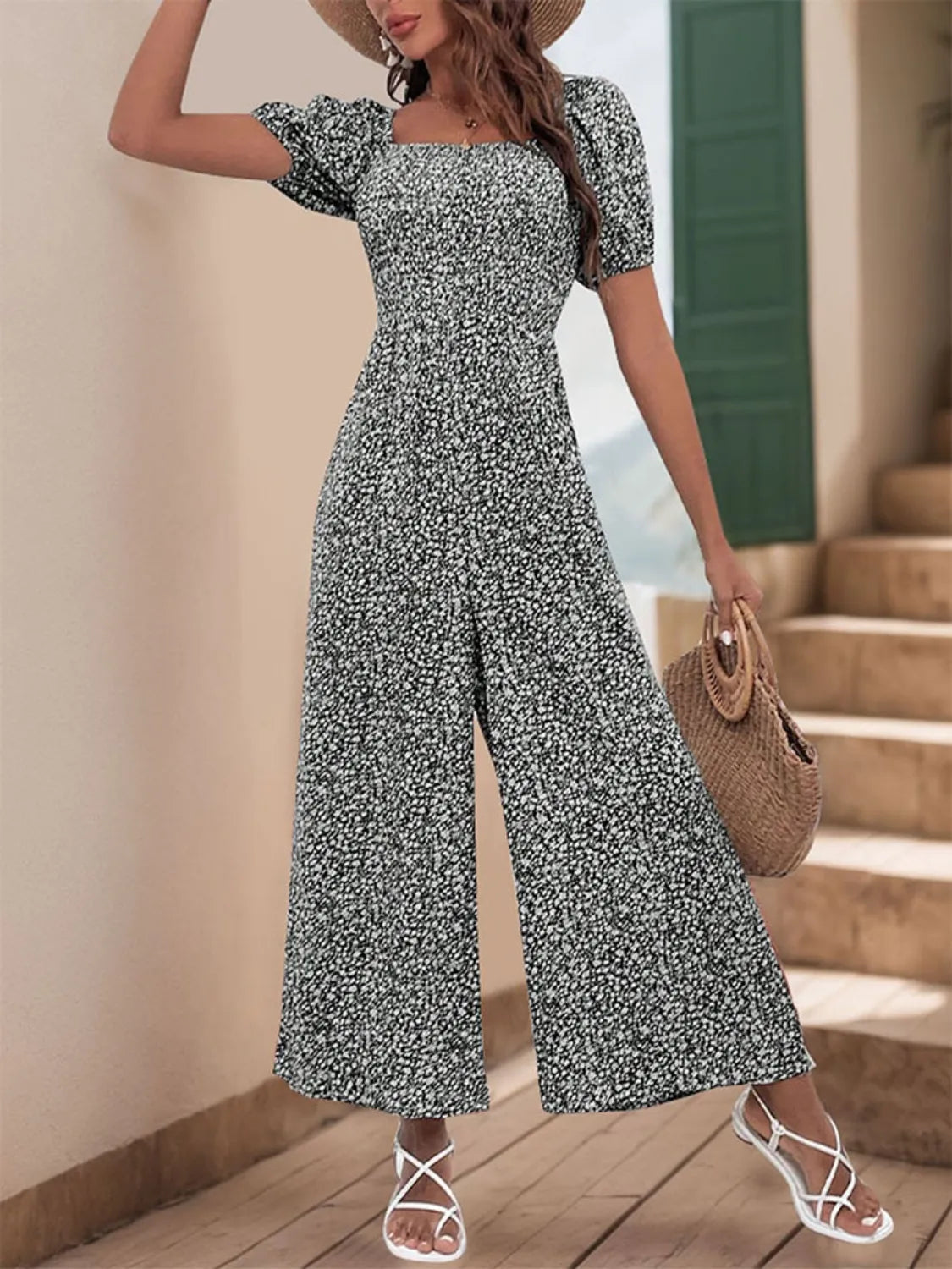 Printed Square Neck Puff Sleeve Jumpsuit - Tigbul's Variety Fashion Shop