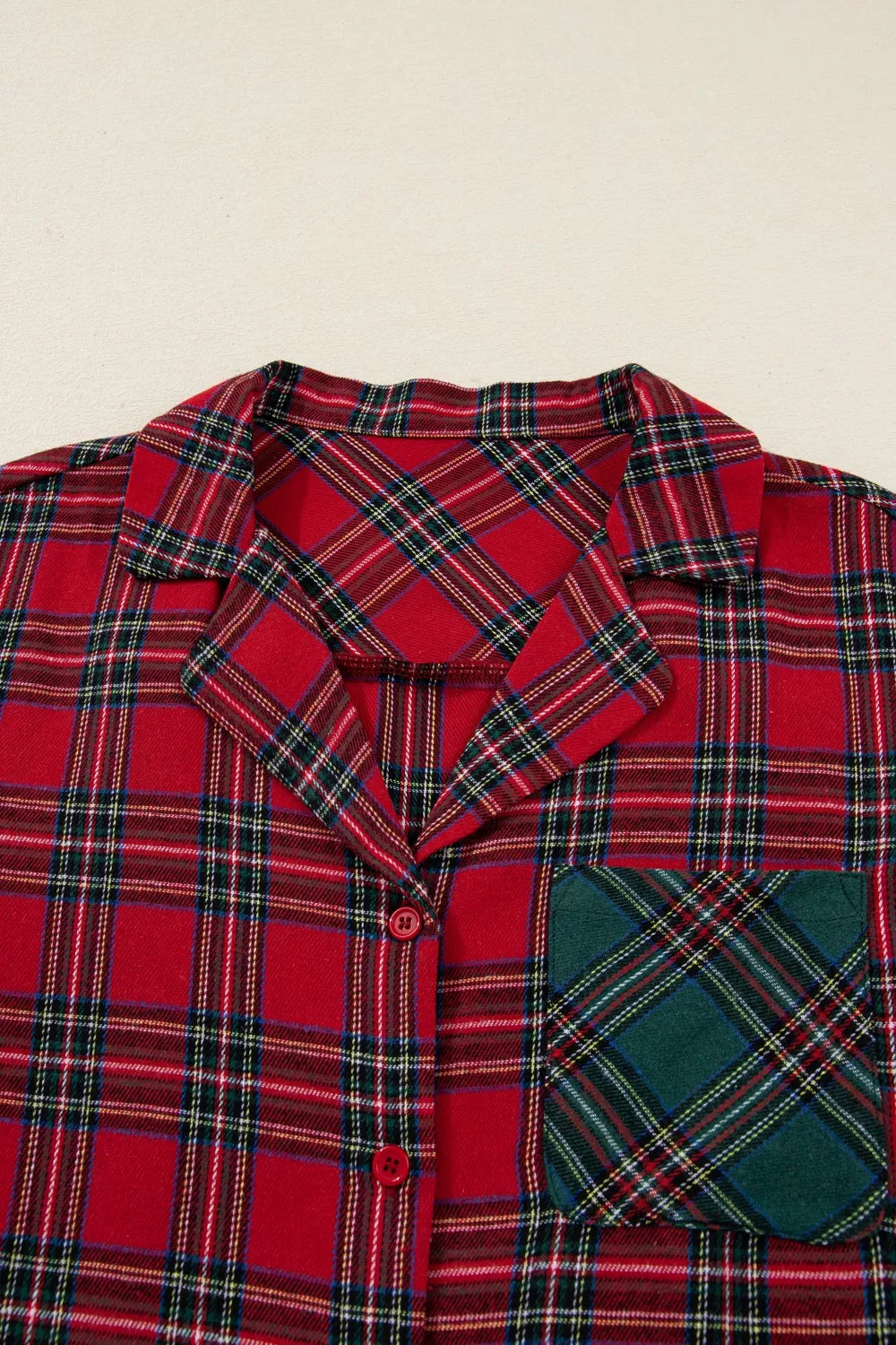 Plaid Contrast Patched Christmas Holiday Long Sleeve Shirt and Short 2pcs Pajama Set - Tigbul's Variety Fashion Shop