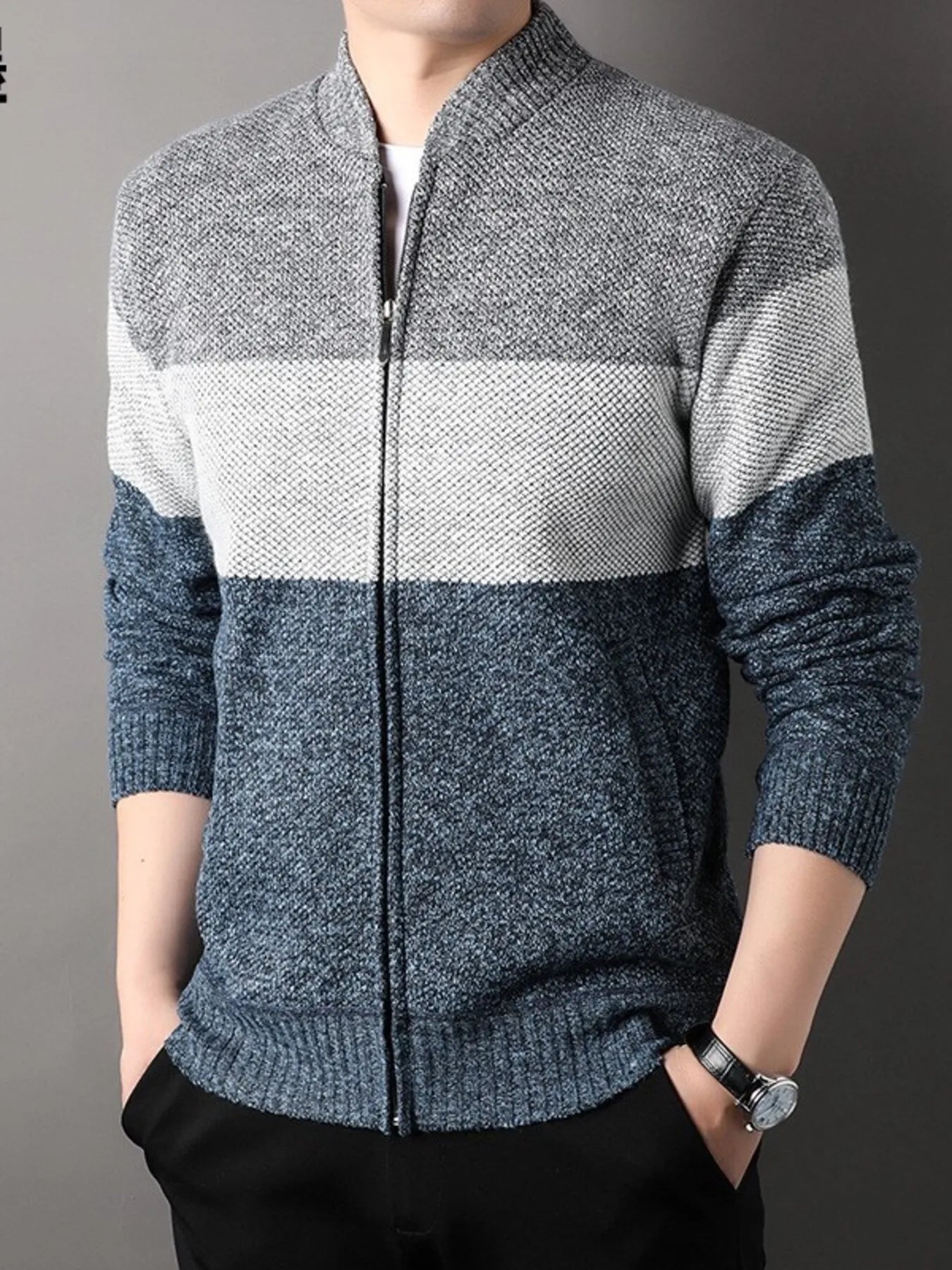 Men's Plus Size Color Block Zip Up Cardigan - Tigbul's Variety Fashion Shop