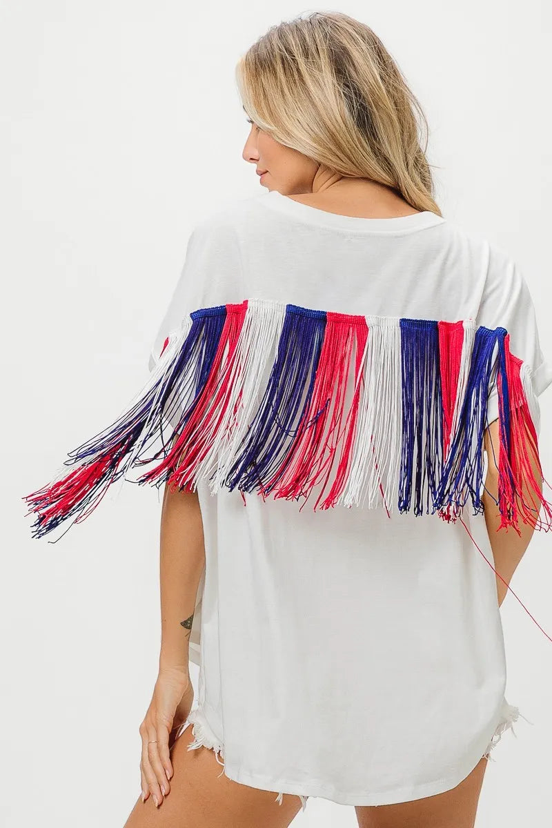 American Flag Sequin Star Fringe Top - Tigbul's Variety Fashion Shop