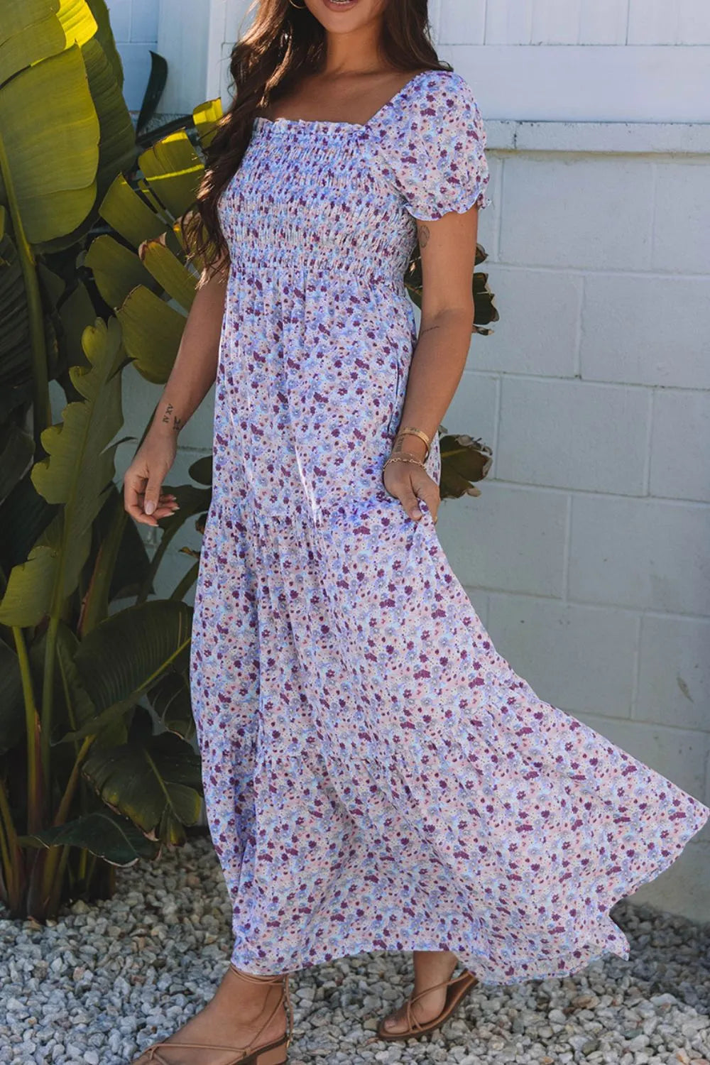 Lavender Tiered Floral Shirred High Waist Maxi Dress - Tigbul's Variety Fashion Shop