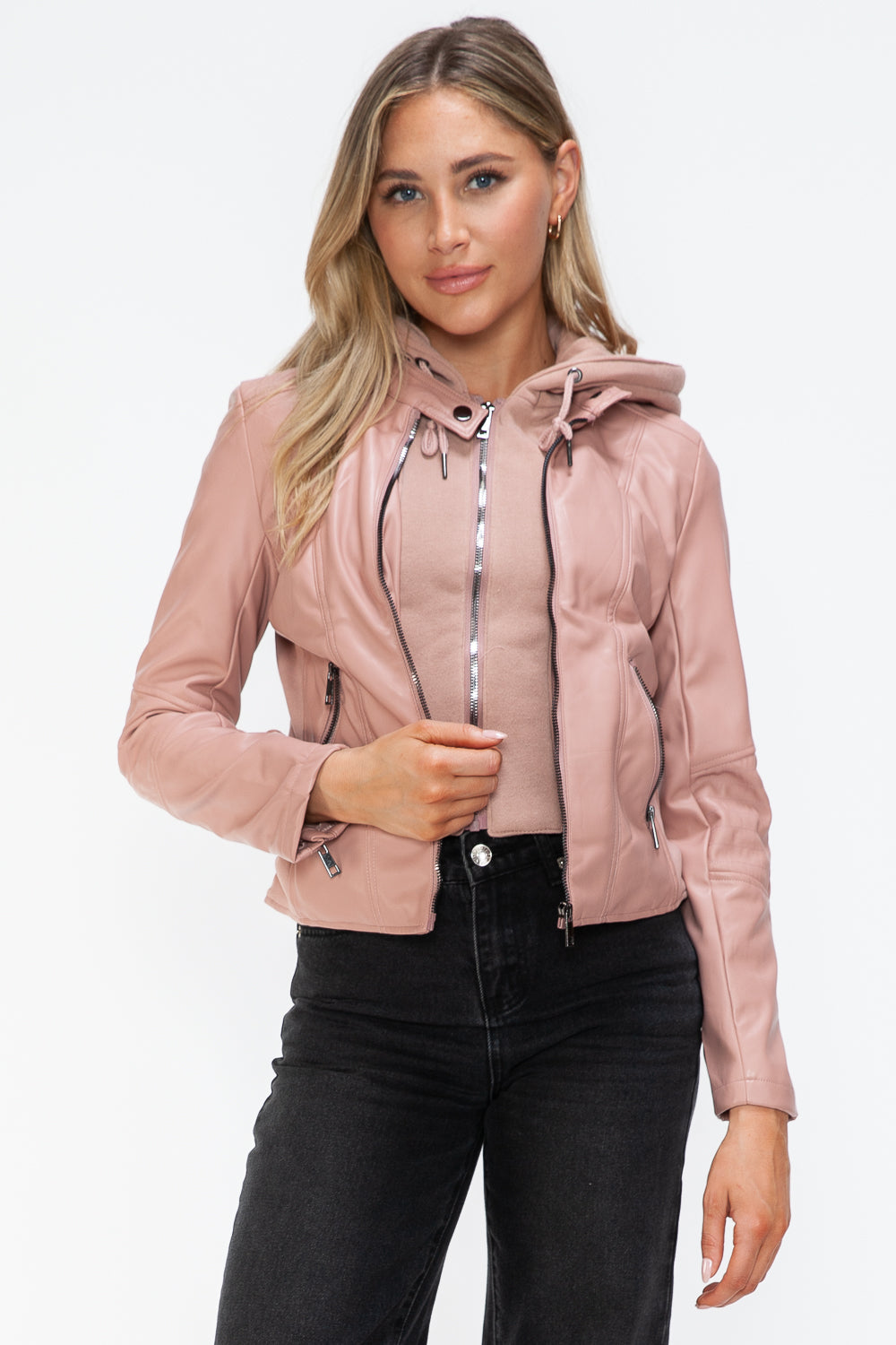 Mauve Faux Leather Zip Up Drawstring Hooded Jacket - Tigbul's Variety Fashion Shop