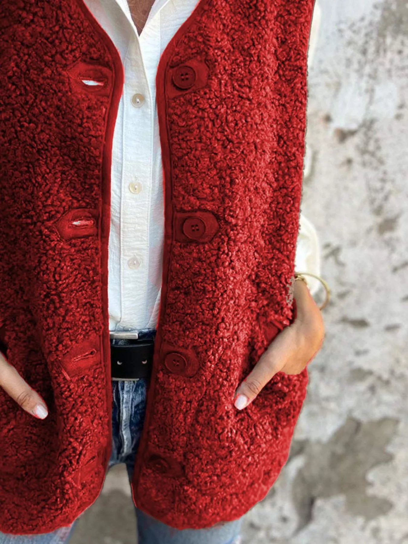 Full Size Cozy Sherpa Fleece Button-Up Vest Coat with Pockets Plus Size - Tigbul's Variety Fashion Shop