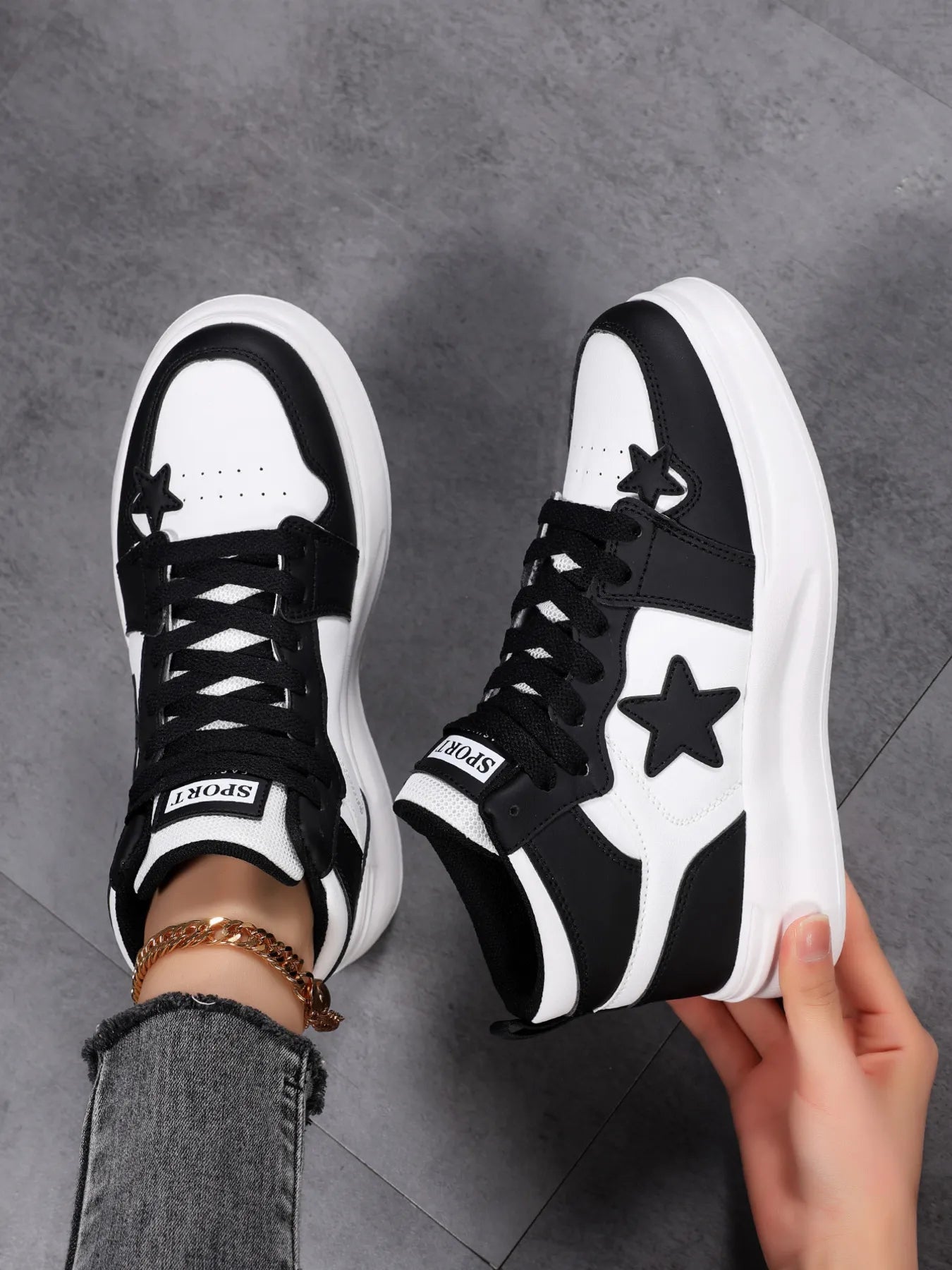 Star Pattern Lace Up Sneakers - Tigbul's Variety Fashion Shop