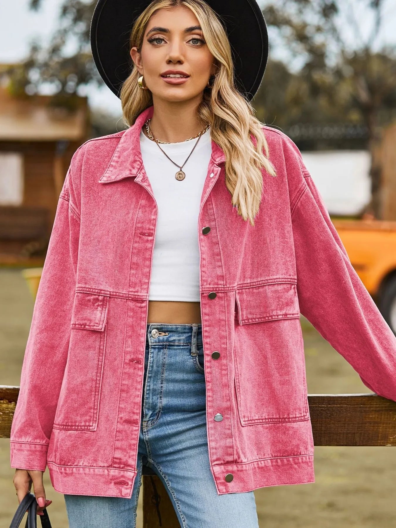 Oversized Button Up Denim Jacket with Hood - Tigbul's Variety Fashion Shop