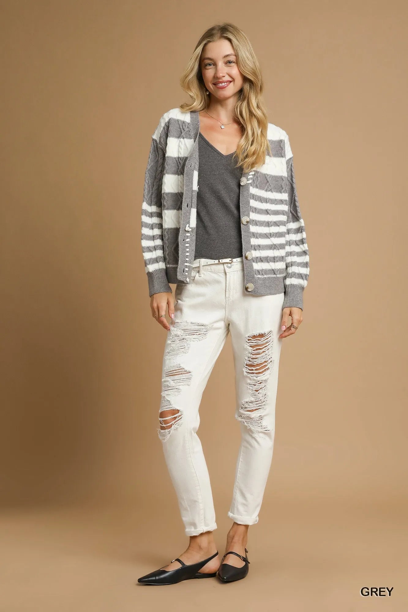 Umgee Cable-Knit Stripe Button-Up Cardigan - Tigbul's Variety Fashion Shop