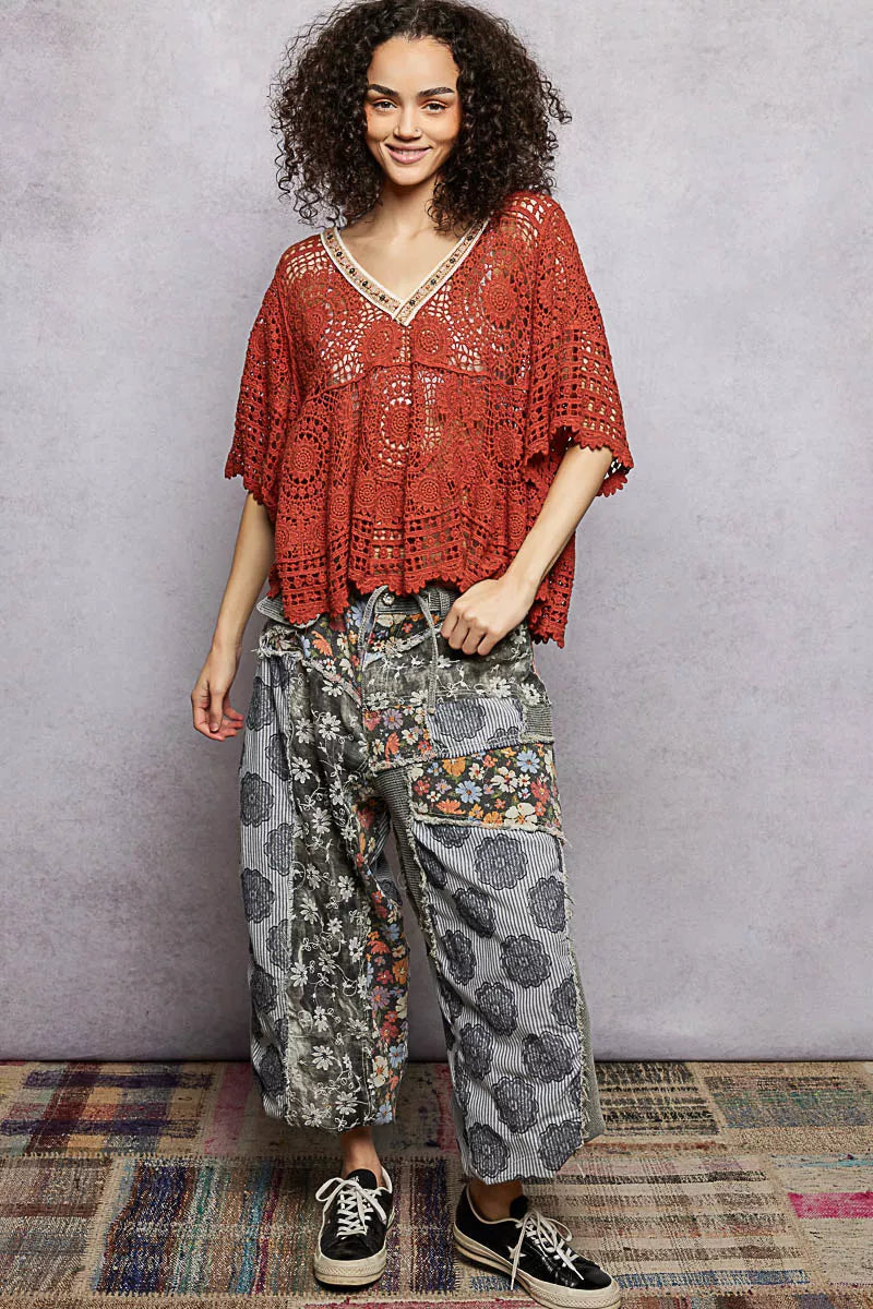 POL V-Neck Crochet Top with Scalloped Hem - Tigbul's Variety Fashion Shop