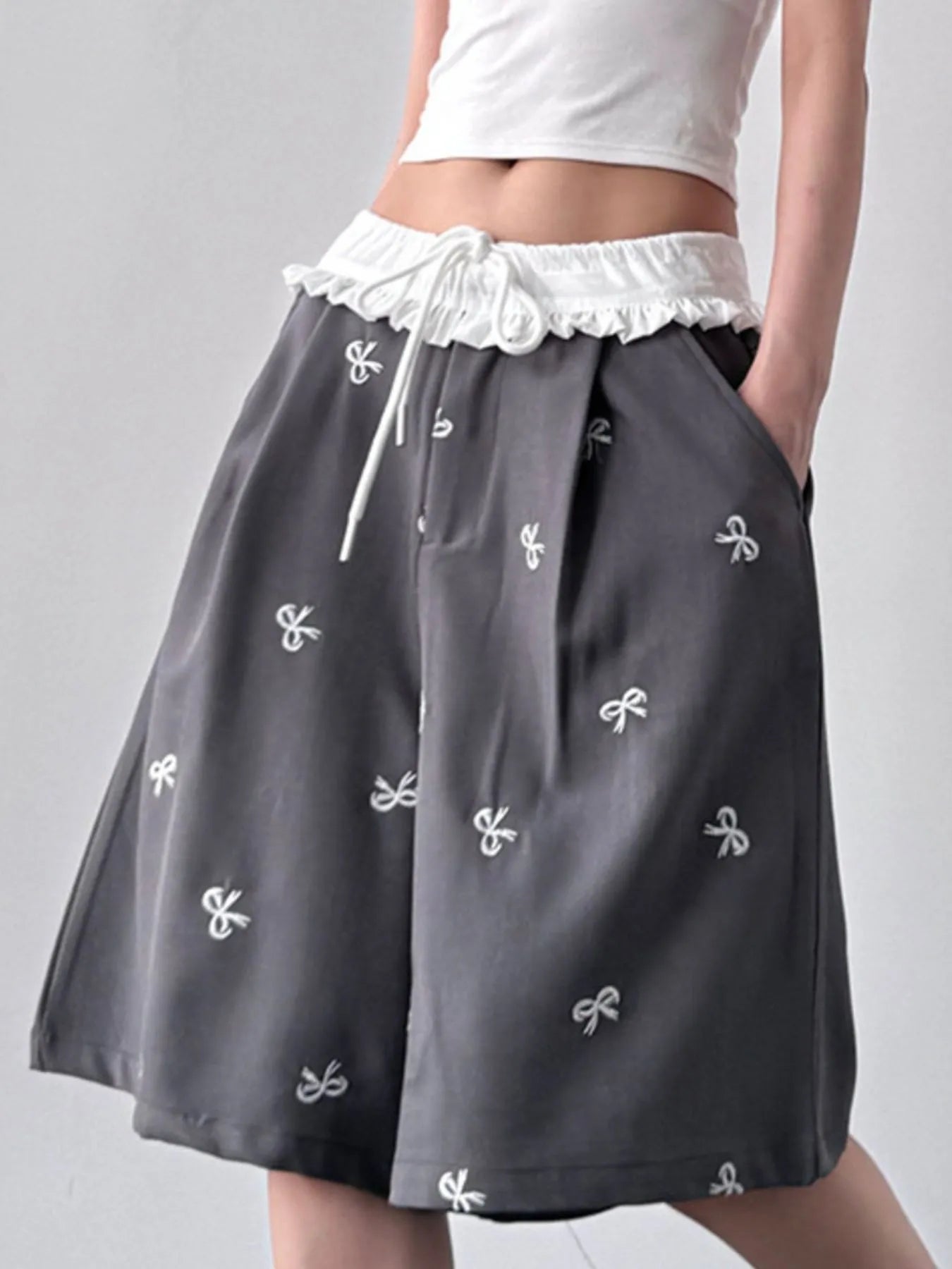 Bow Print Wide Leg Shorts with Contrast Ruffle Waistband - Tigbul's Variety Fashion Shop