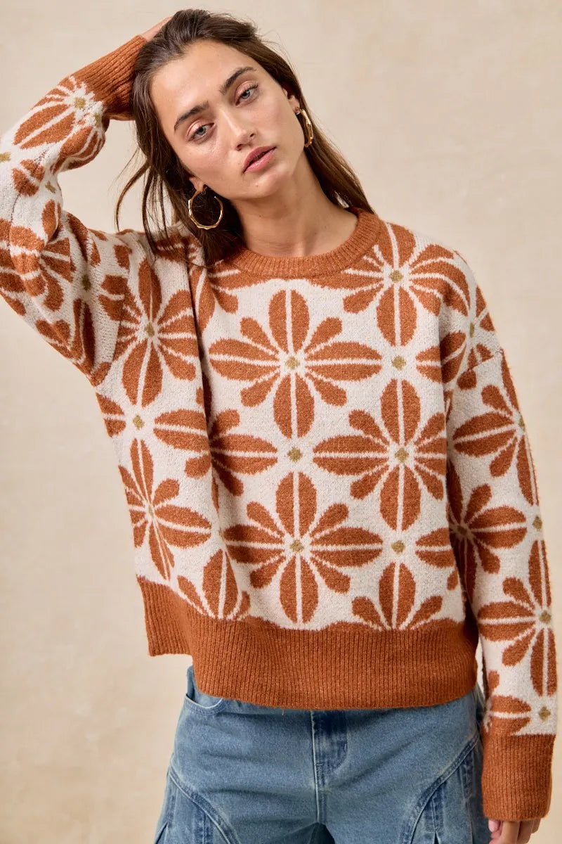 BiBi Flower Pattern Long Sleeve Sweater - Tigbul's Variety Fashion Shop