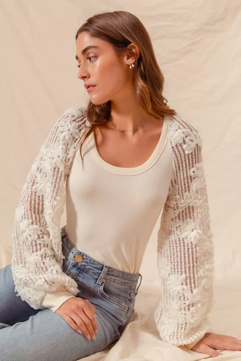 SO ME Rib Knit Top with Lace Balloon Sleeves - Tigbul's Variety Fashion Shop