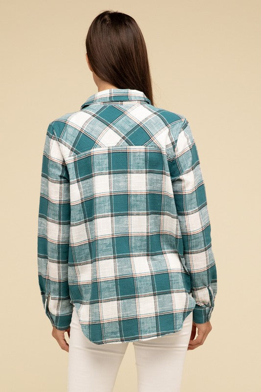 Cotton Plaid Shacket With Front Pocket - Tigbul's Variety Fashion Shop