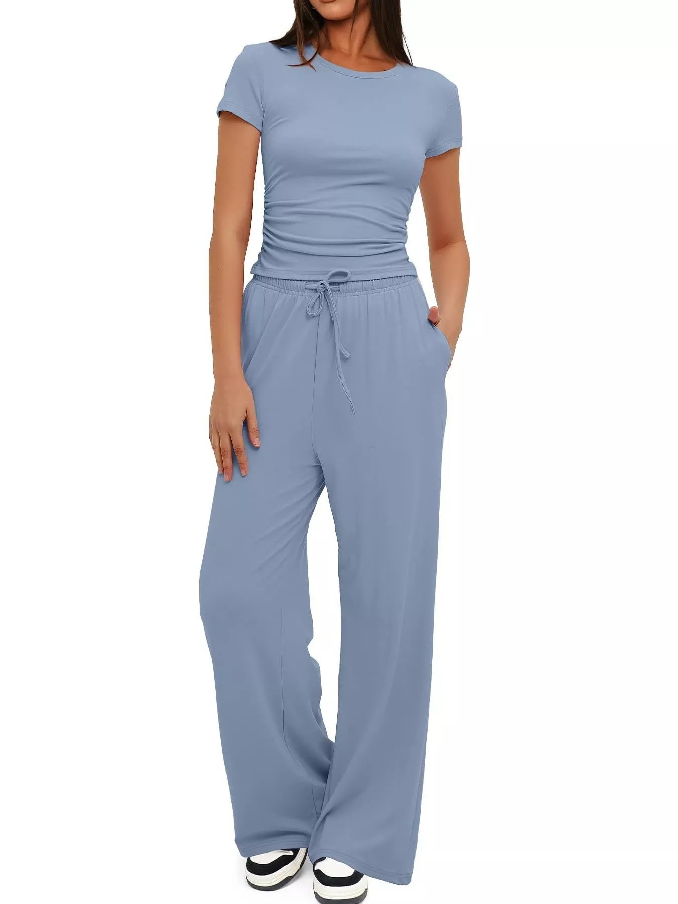 Round Neck Short Sleeve T-Shirt and Pants Set - Tigbul's Variety Fashion Shop