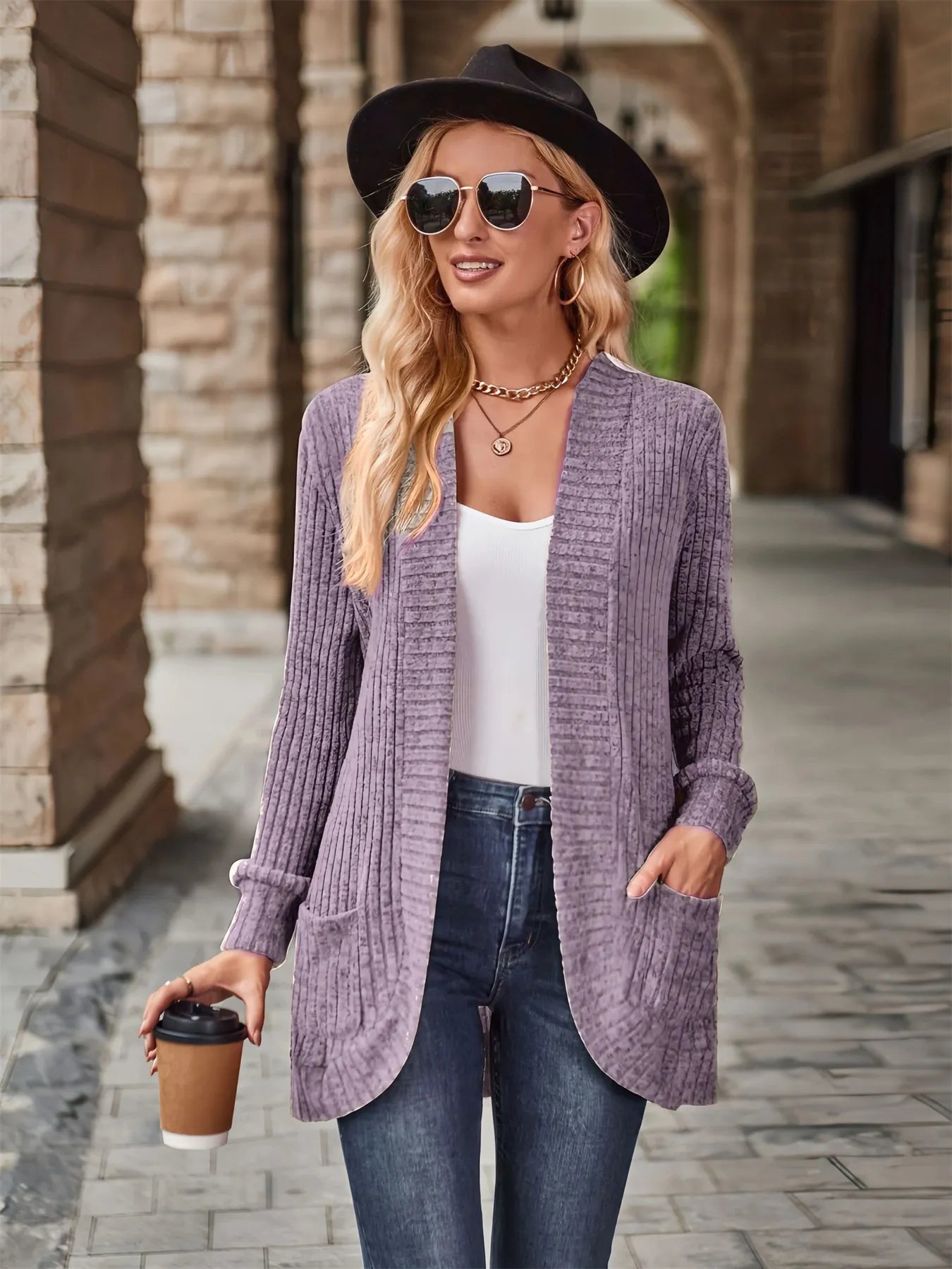 Ribbed Open Front Long Cardigan with Pockets - Tigbul's Variety Fashion Shop