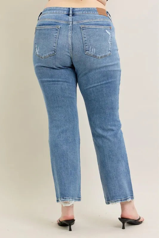 Judy Blue Full Size Mid Rise Wash Destroy Hem Bootcut Jeans Plus Size - Tigbul's Variety Fashion Shop