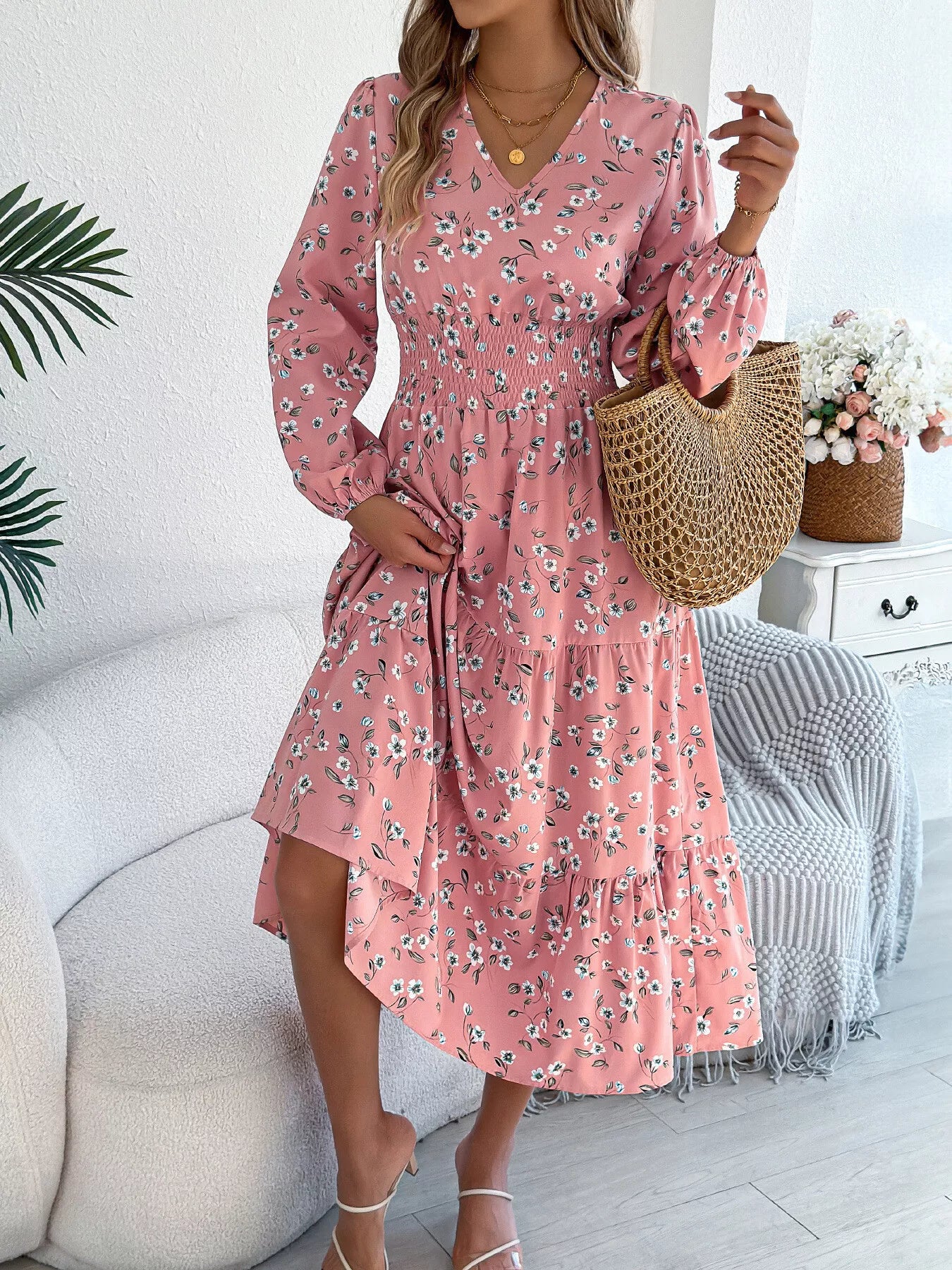 Floral Print Long Sleeve V-Neck Midi Dress - Tigbul's Variety Fashion Shop