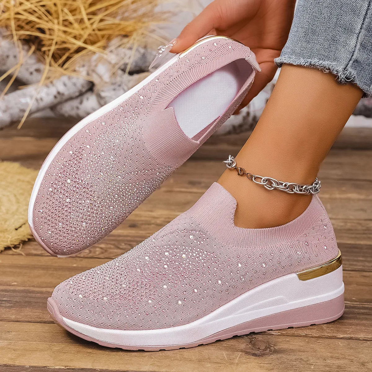 Rhinestone Wedge Sneakers - Tigbul's Variety Fashion Shop