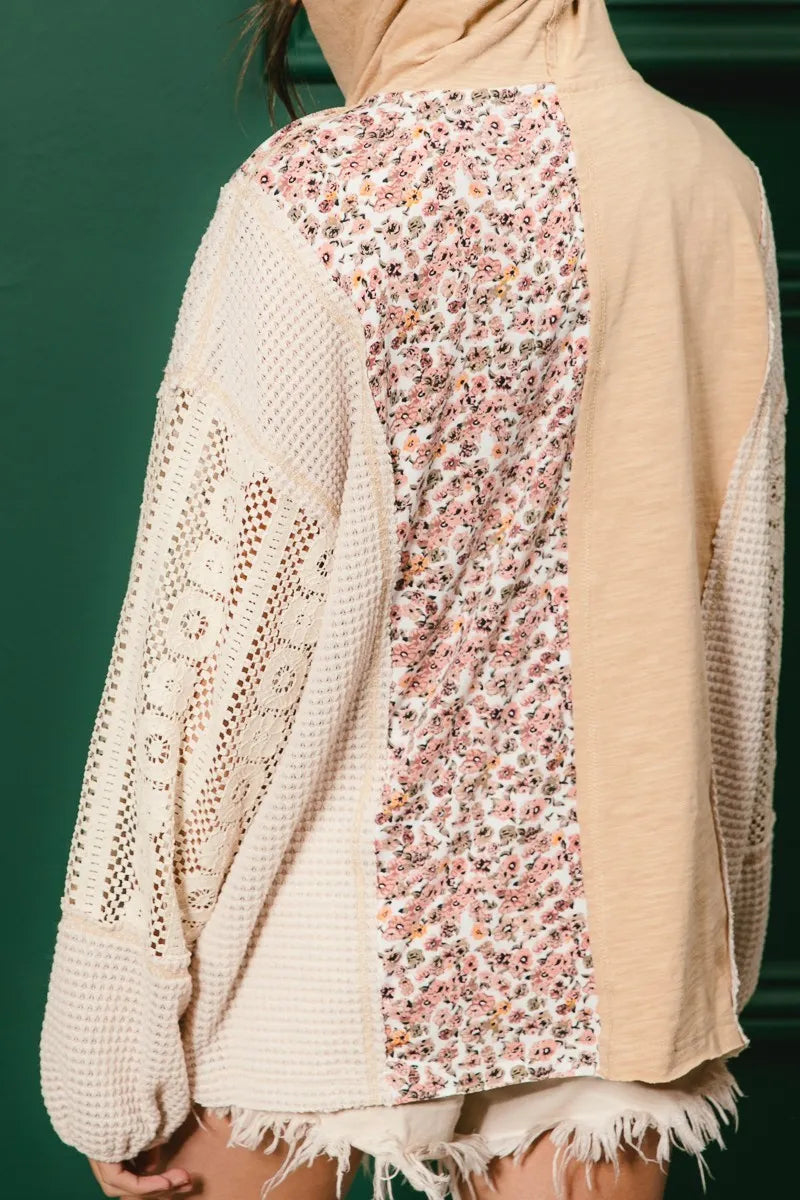 BiBi Slub Jersey with Lace Combo Buttoned Hoodie Top - Tigbul's Variety Fashion Shop