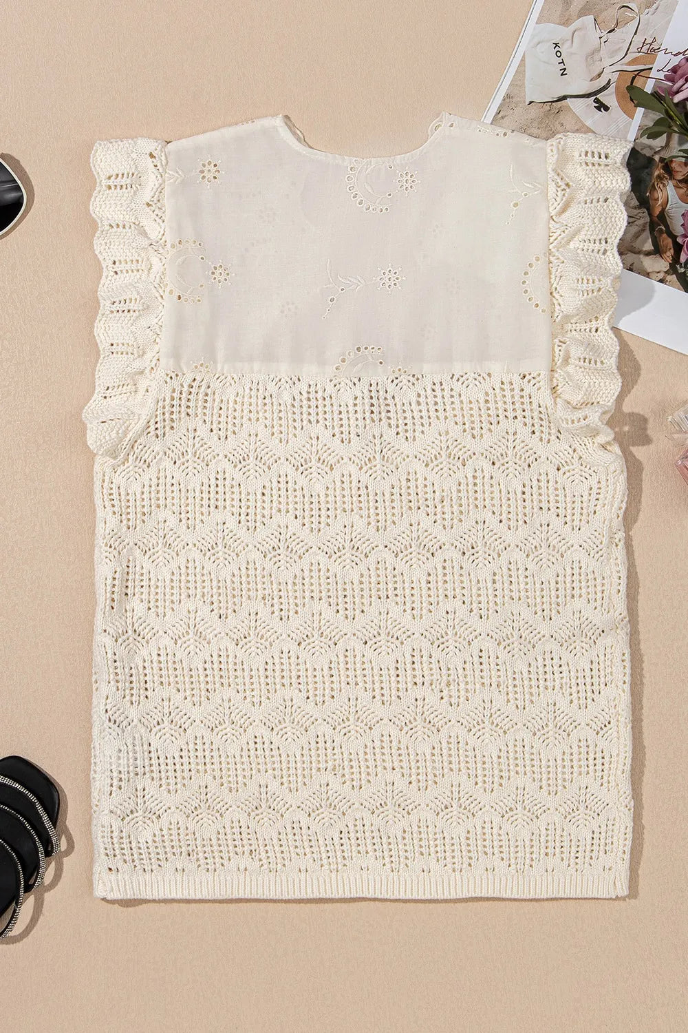 Embroidered Patchwork Hollow Out Knitted Ruffle Sweater Vest - Tigbul's Variety Fashion Shop