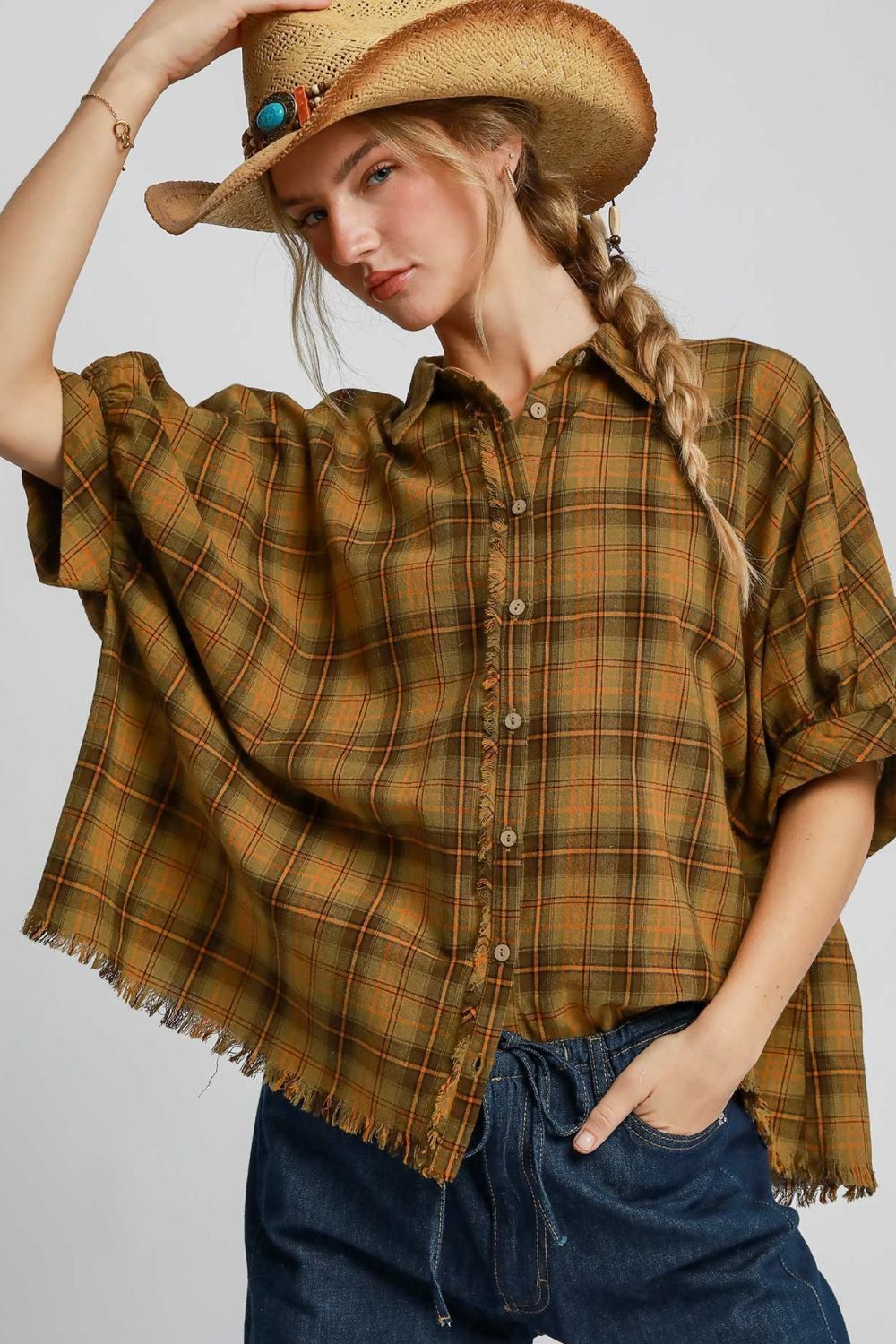 Umgee Full Size Raw Hem Plaid Collared Neck Half Sleeve Shirt Plus Size - Tigbul's Variety Fashion Shop
