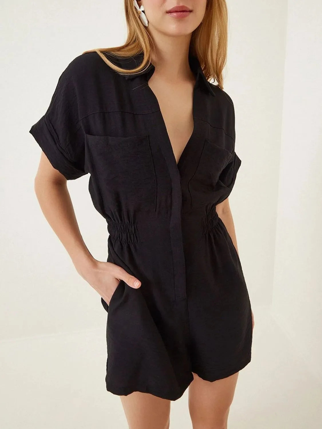 Johnny Collar Short Sleeve Romper - Tigbul's Variety Fashion Shop