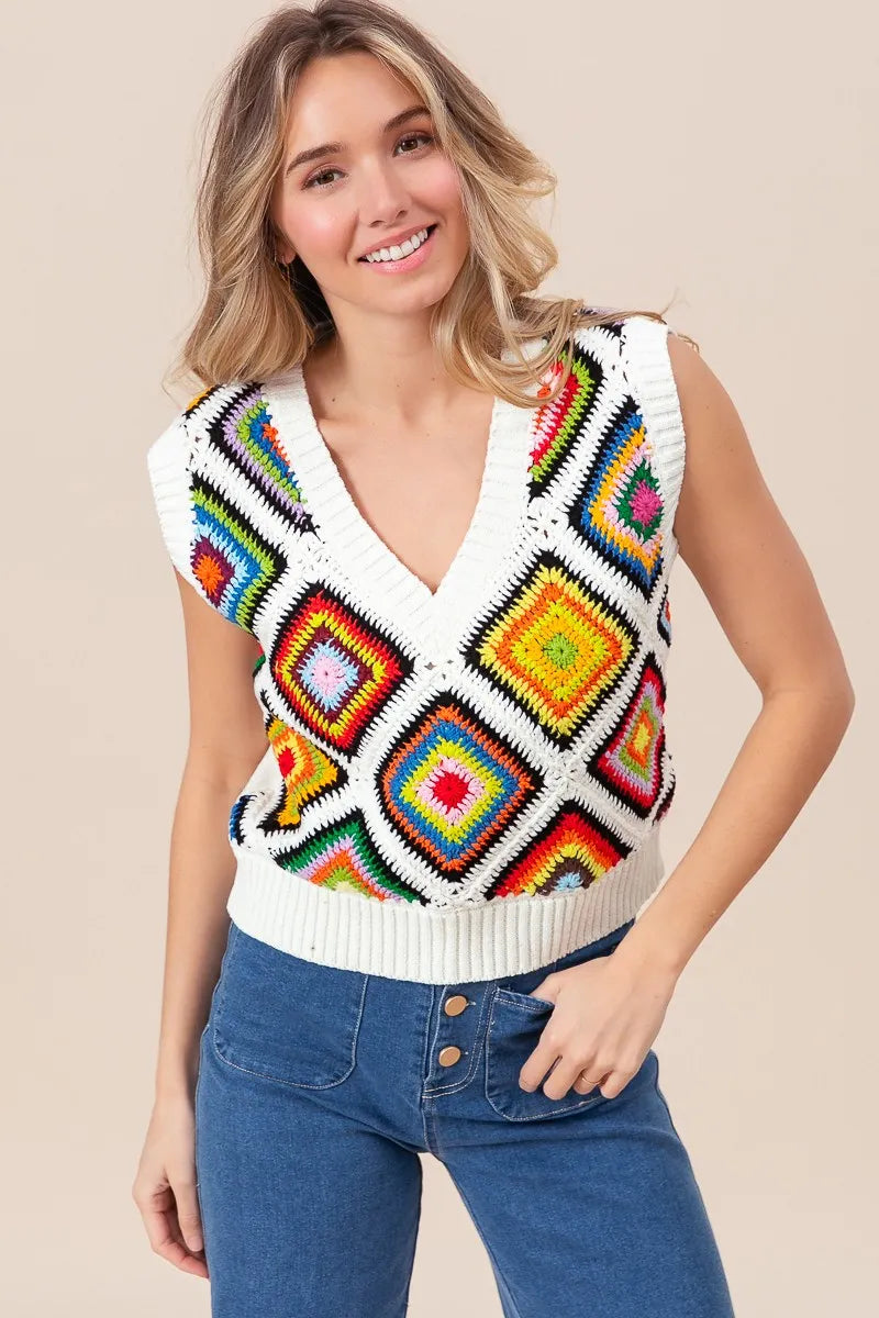 BiBi Diamond Granny Square Sweater Vest - Tigbul's Variety Fashion Shop