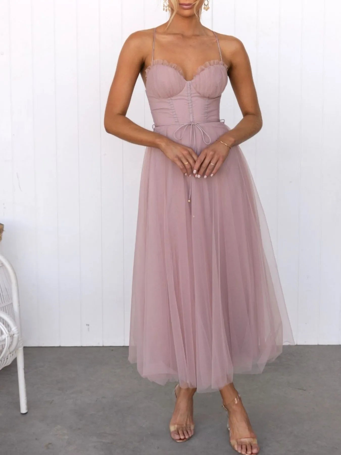 Sweetheart Neck Tulle Midi Dress - Tigbul's Variety Fashion Shop
