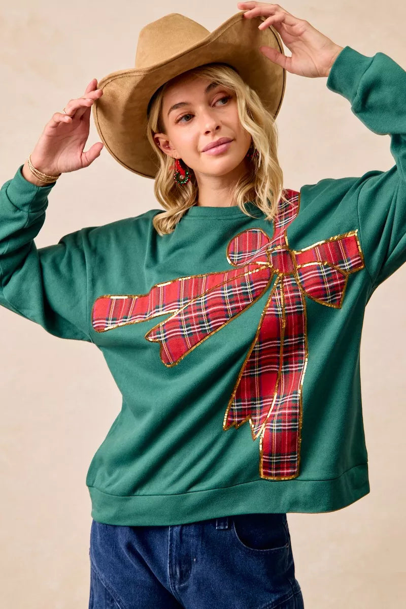 Plaid Ribbon Bow Detail Christmas Fleece Pullover Sweater - Tigbul's Variety Fashion Shop