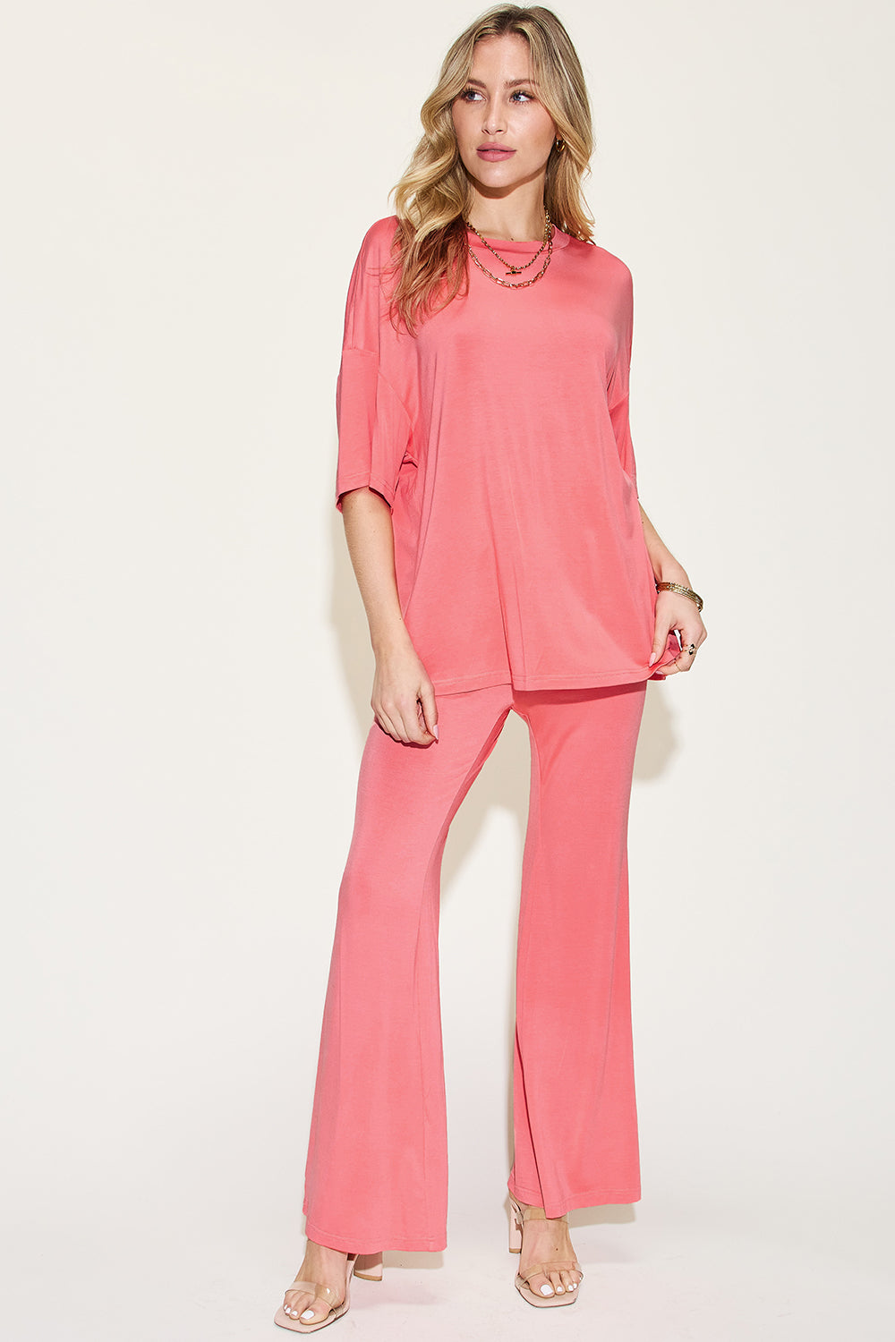 Bamboo Drop Shoulder T-Shirt and Flare Pants Set - Tigbul's Variety Fashion Shop