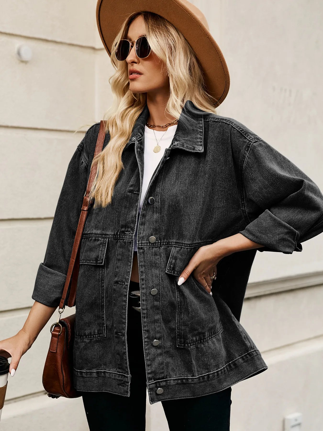 Oversized Button Up Denim Jacket with Hood - Tigbul's Variety Fashion Shop