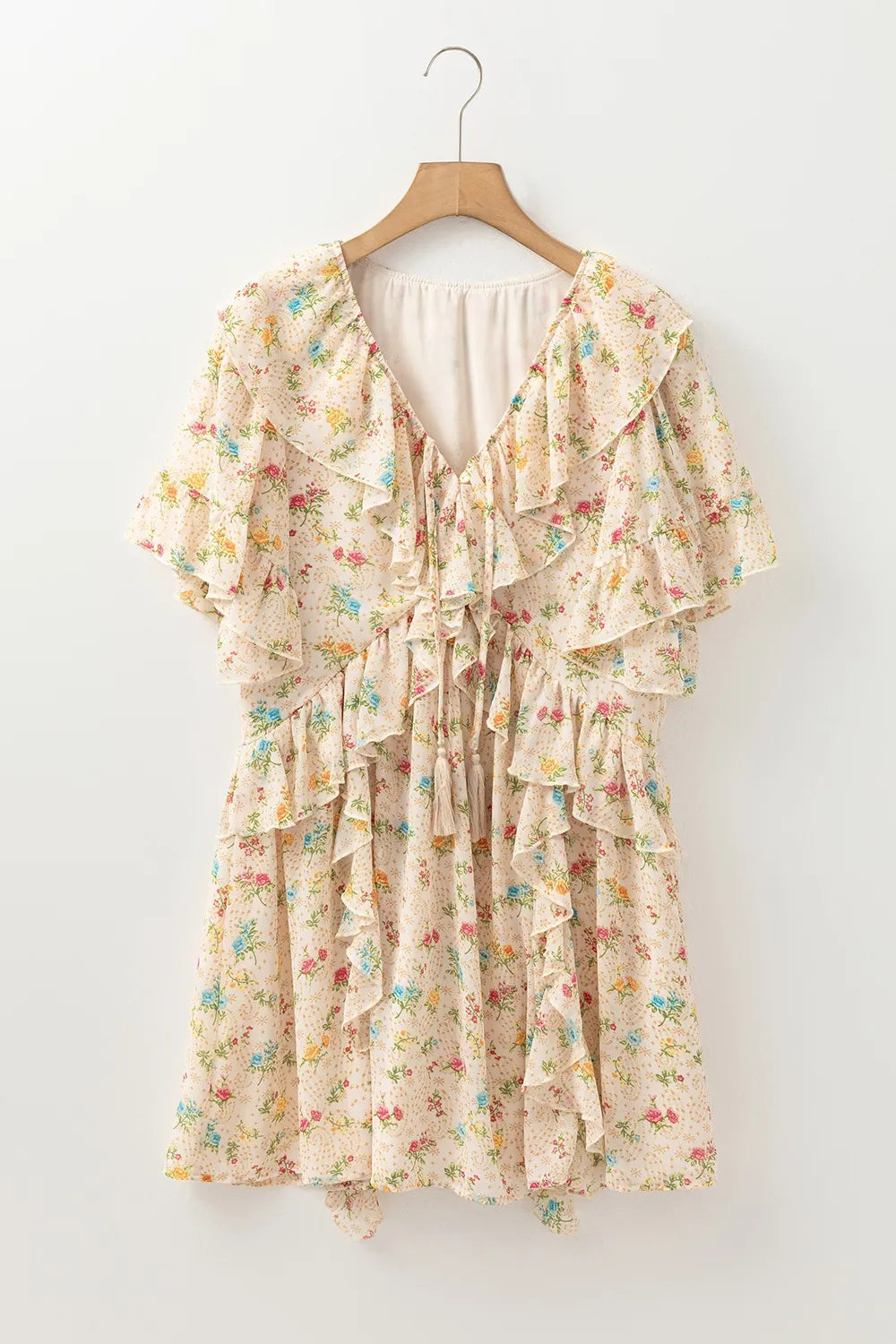 Boho Floral Tassel Tie V Neck Ruffle Wide Sleeve Mini Dress - Tigbul's Variety Fashion Shop