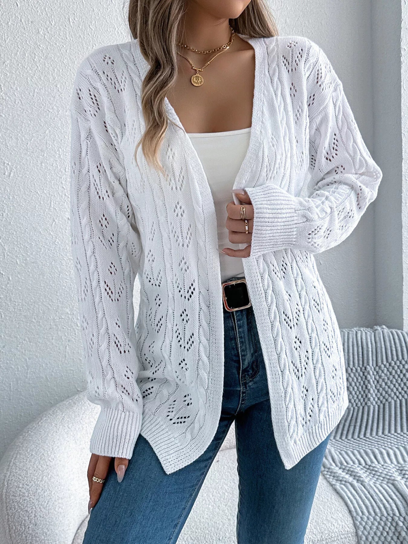 Openwork Open Front Long Sleeve Cardigan - Tigbul's Variety Fashion Shop