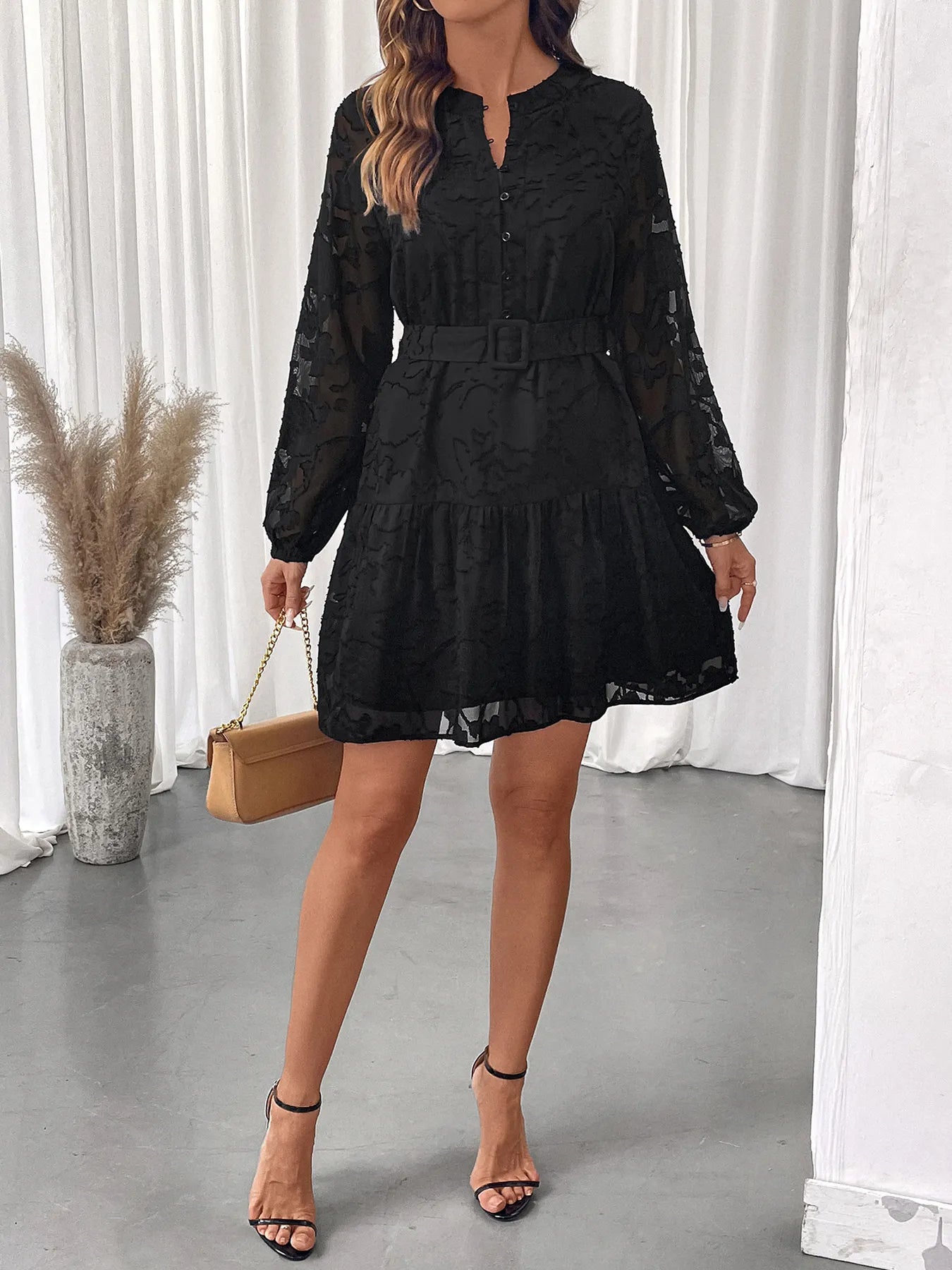 Button-Front Balloon Sleeve Mini Dress - Tigbul's Variety Fashion Shop