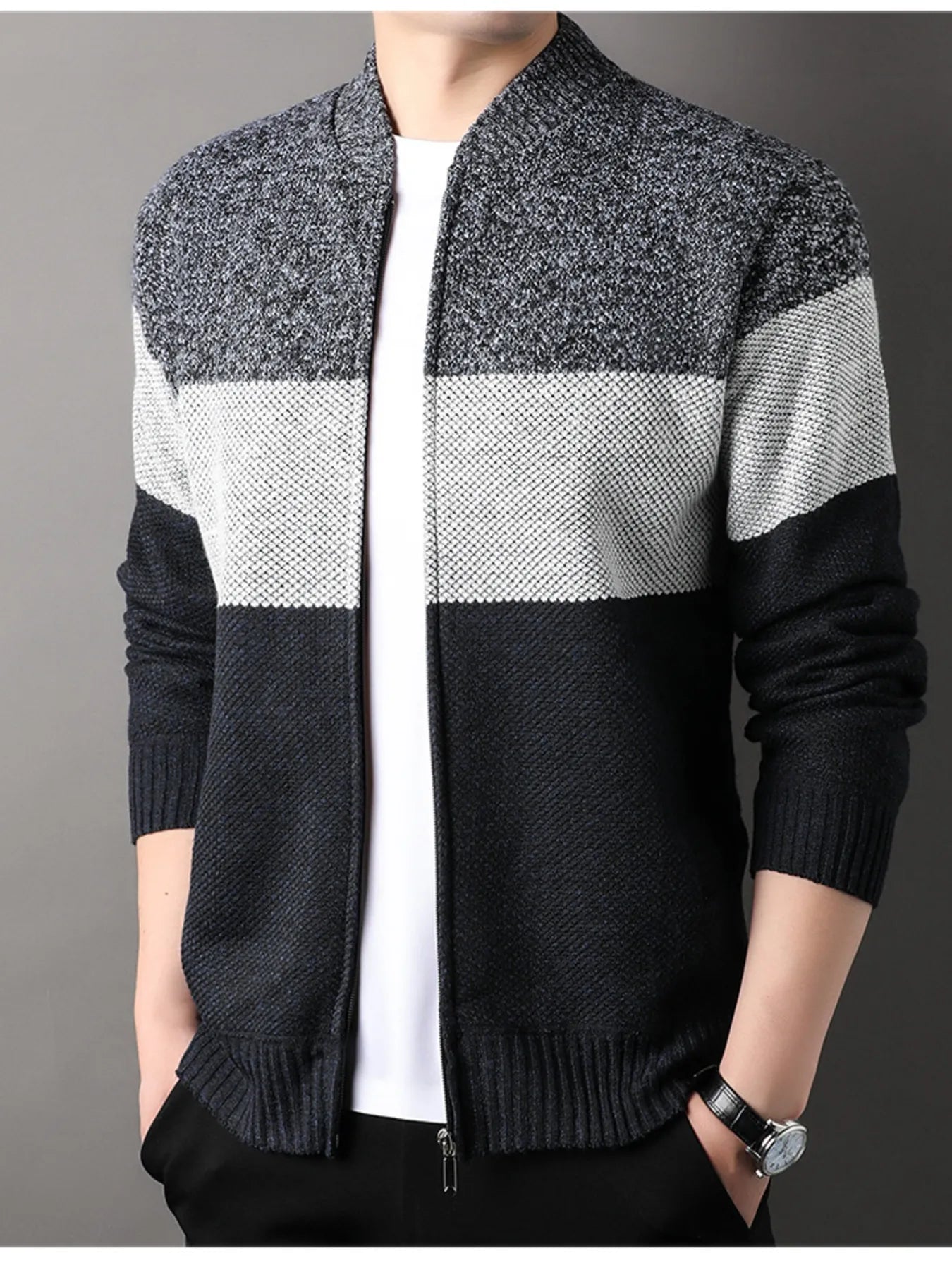 Men's Plus Size Color Block Zip Up Cardigan - Tigbul's Variety Fashion Shop